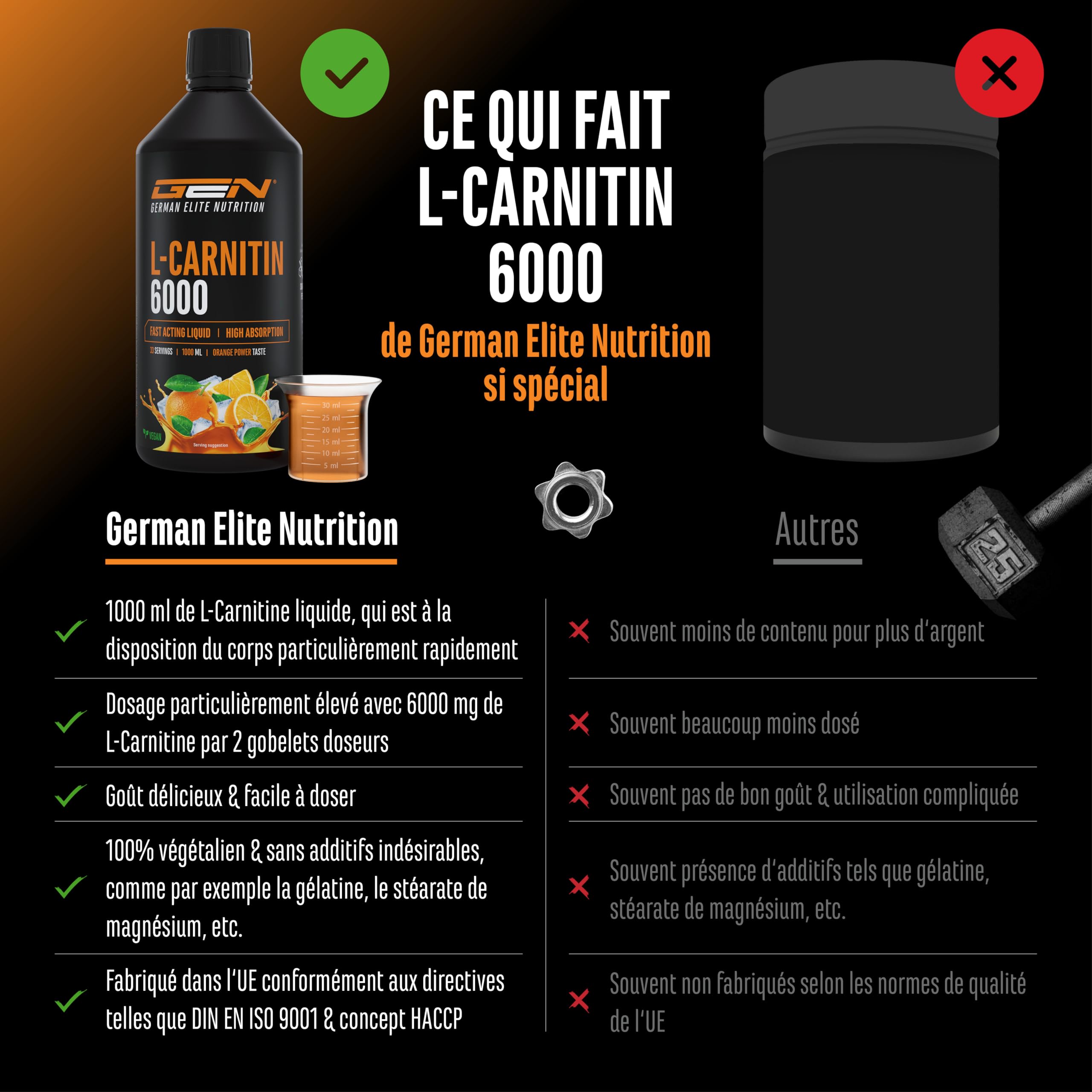 l carnitine gout L-Carnitine 6000 Liquid - 1000 ml - Extra Fortement Dosé avec 6000 mg de L- Carnitine Pure par Portion Journalière - Amino Workout Drink - Goût  Délicieux (Orange Power)