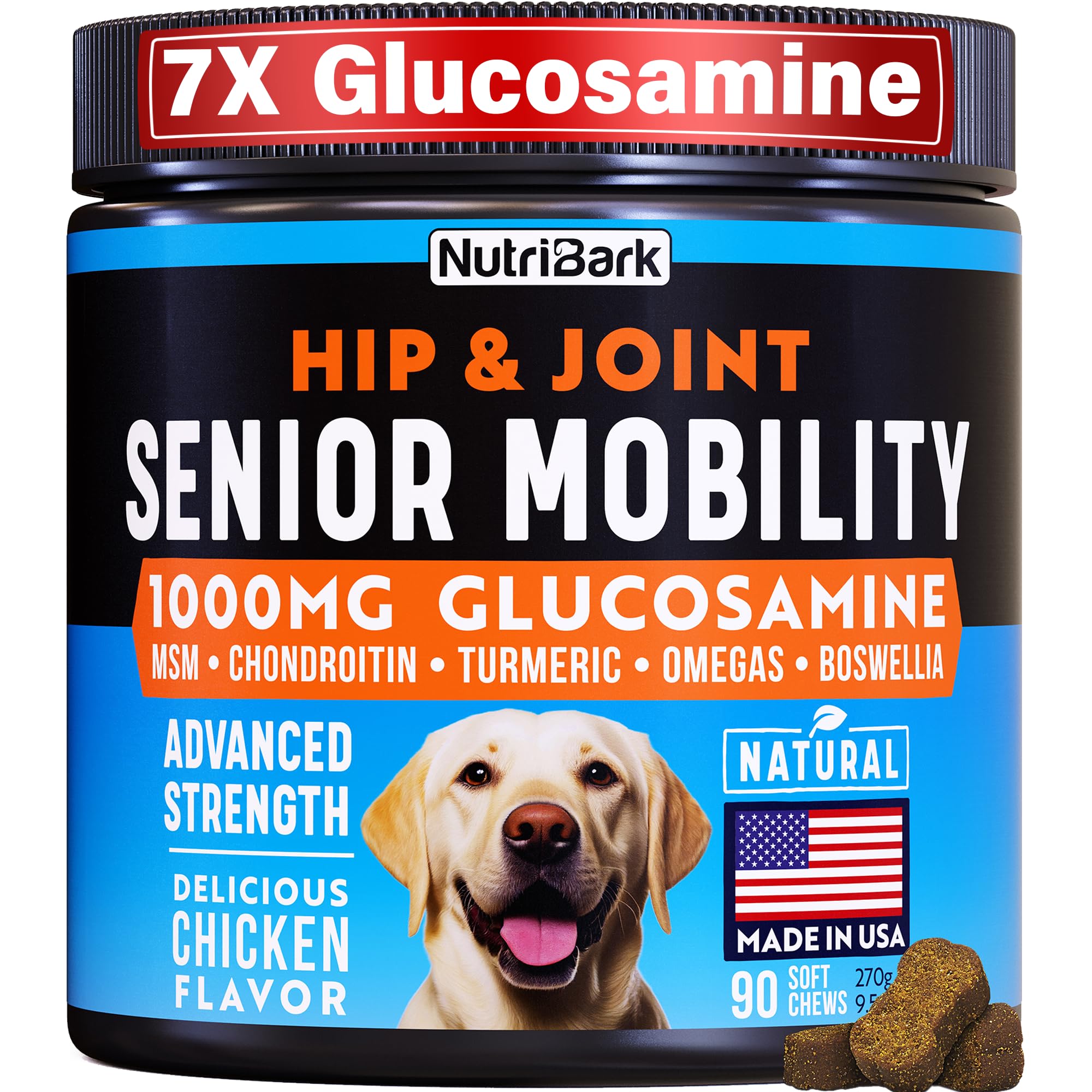 Senior Dog Joint Supplement -1000mg Glucosamine for Dogs -Advanced Hip & Joint Support Chews w/Glucosamine, Chondroitin, MSM, Turmeric & Omega 3 for Pain & Inflammation Relief, Improved Mobility
