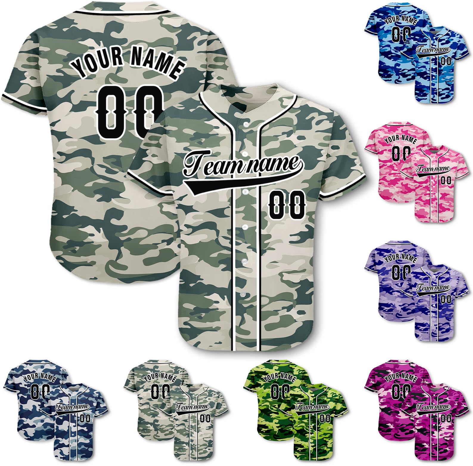 Custom Camo Baseball Jersey - Personalized Team Name Softball Shirts - Customized Sport Uniform for Men Women (US, Alpha, One Size, Regular, Regular, Camo-09)