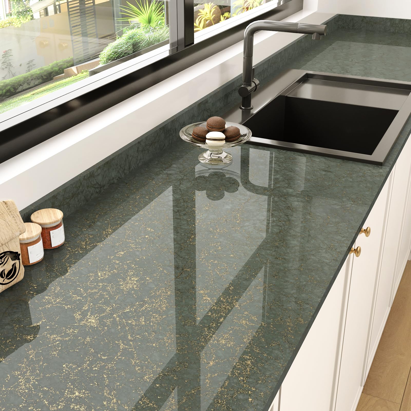 HotDecor Glossy Grey-Green Marble Wallpaper Kitchen Worktop Covering Vinyl Self Adhesive Wallpapers Waterproof Kitchen Counter Vinyl Wrap Green and Gold Marble Sticky Back Wallpaper 40 x 200cm