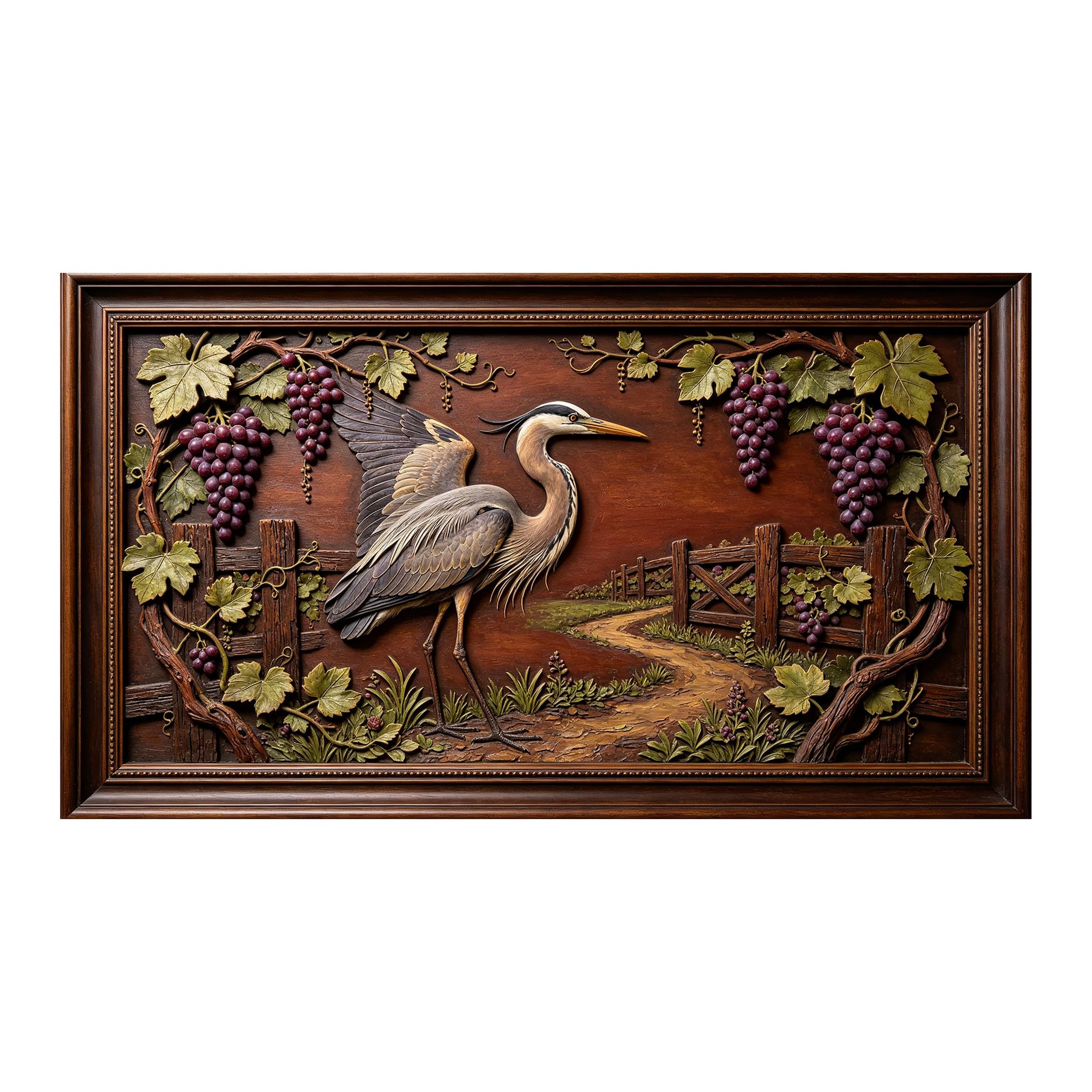 Murasolite 3D 3D Framed Wall Art 50cm×90cm Rustic Vineyard Crane Relief Effect SelfAdhesive Fabric Mural Wall Decor, Peel and Stick No Damage to Wall for Bedroom Living Room