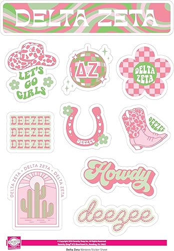 Delta Zeta - Hoja de calcomanías de vinilo de diseño occidental con diseños oficiales, adhesivo extraíble, 10 calcomanías por hoja, por Sorority Shop