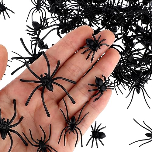 3 tamaños, 120 piezas de arañas de plástico, pequeñas arañas falsas, arañas realistas de Halloween, juguetes de broma negra para decoración del