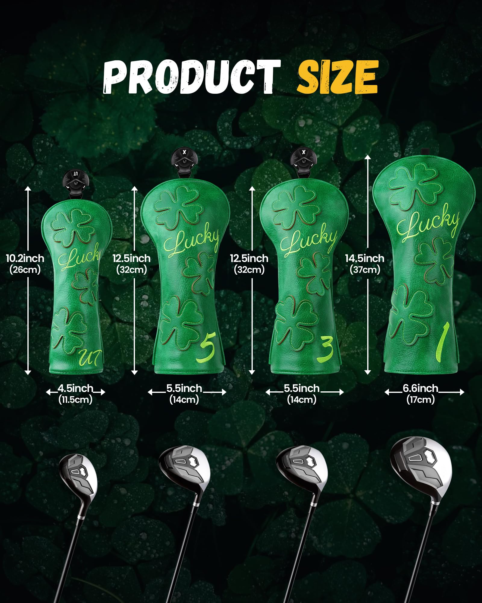Golfschlägerkopfhauben für Fahrer/Fairwayholz/Hybrid/(1.3.5.UT)/Eisen/Putter, grünes PU-Leder, Kleeblatt