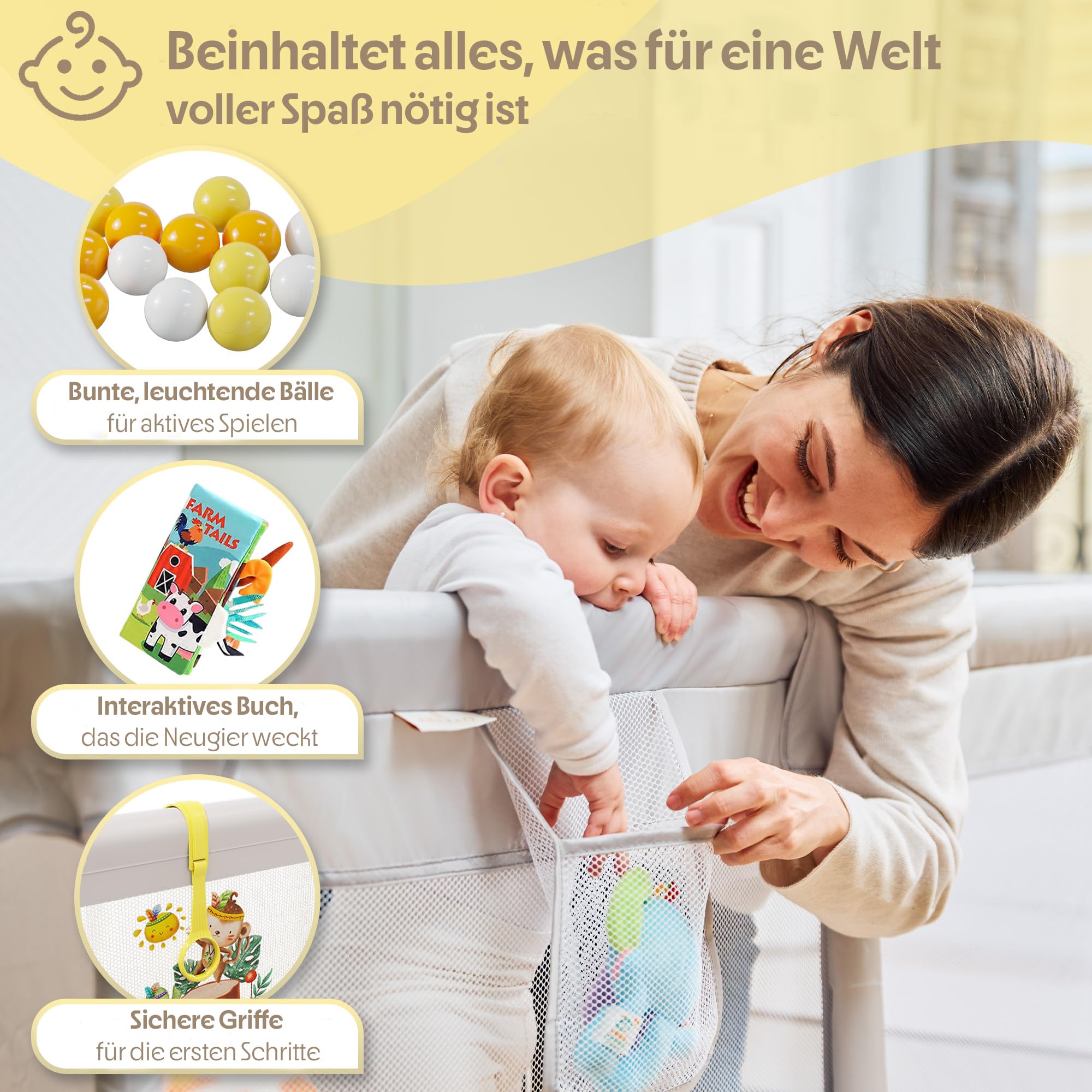 Baby Laufstall 150x150cm mit Illustrationen, Gepolsterter Spielbereich mit Wendbarer Matte, Stoffbuch, Bunten Bällen und Halteringen