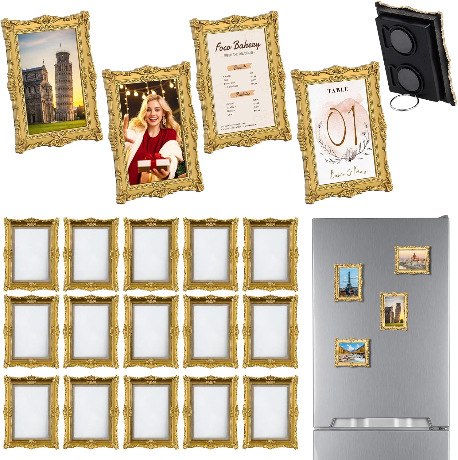 Wonderjune 20 Pcs Vintage Mini Picture Frames for 2.5"x3.5" Wallet Size Picture DIY Magnetic Fridge Magnets Small Gold Ornate Photo Frame Antique Table Decor for Wedding Menu(Vintage)