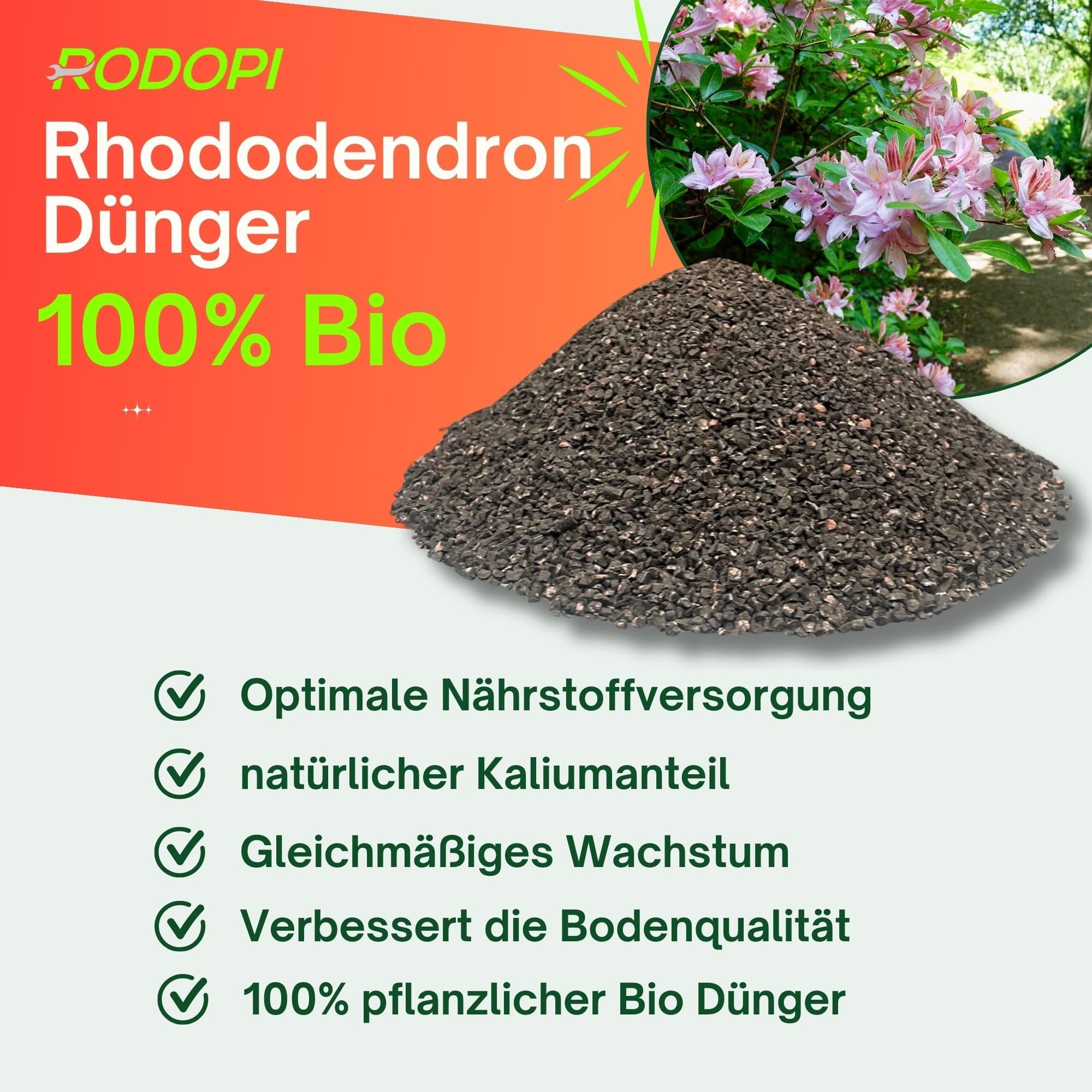 Rodopi Bio-Rhododendrondünger Granulat 7-3-8 – 3 Monate Langzeitwirkung – 100% pflanzlich & pH-senkend – Organischer NPK-Dünger mit Eisen, Magnesium & Mykorrhiza 7kg