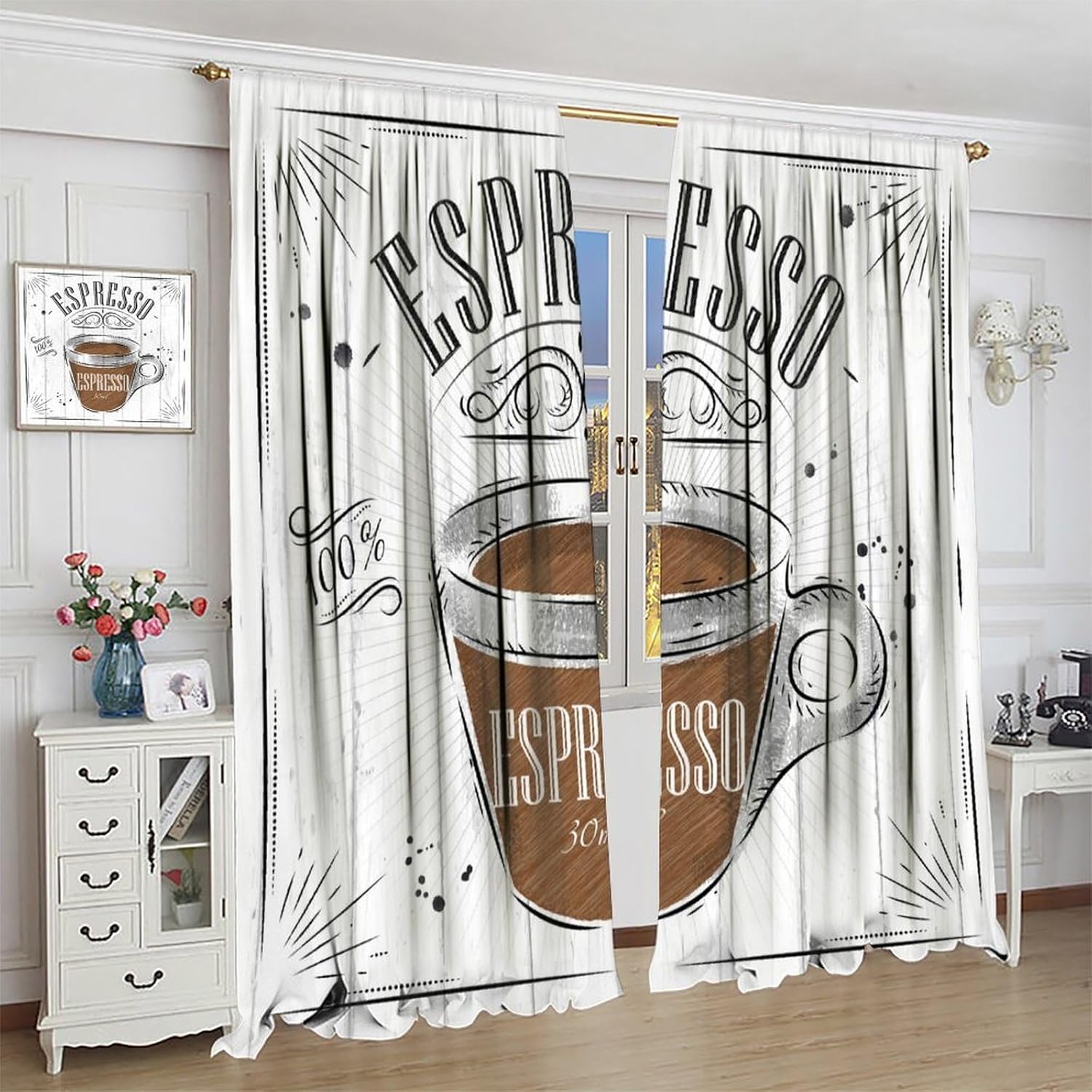 Coffee Curtains Retro White Board Coffee Cups Vintage Rustic Farmhouse Retro Kitchen Window Treatment for Living Room Cafe Rod Pocket Blackout Decor Window Drapes 52x84in, Style-2