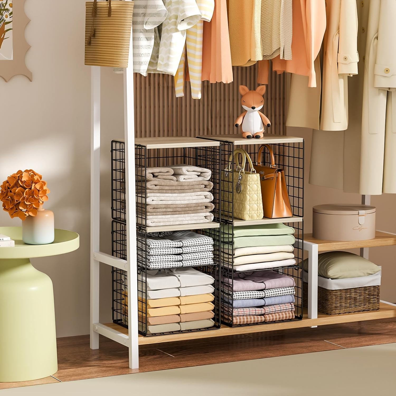 2 Pack Closet Organizer System, Extra Tall & Large Capacity Closet Shelves with Adjustable Dividers, 3-Tier Stackable Storage Bins with Wood Top (Up to 6 Tiers), for Clothes Wardrobe Organization