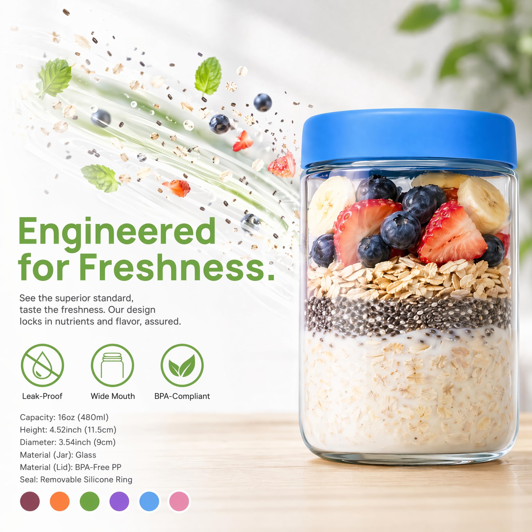 EONJOE Contenitori per avena da 473 ml con coperchio, confezione da 6 barattoli in vetro per la preparazione di cereali, caramelle, snack, insalata, yogurt, budino