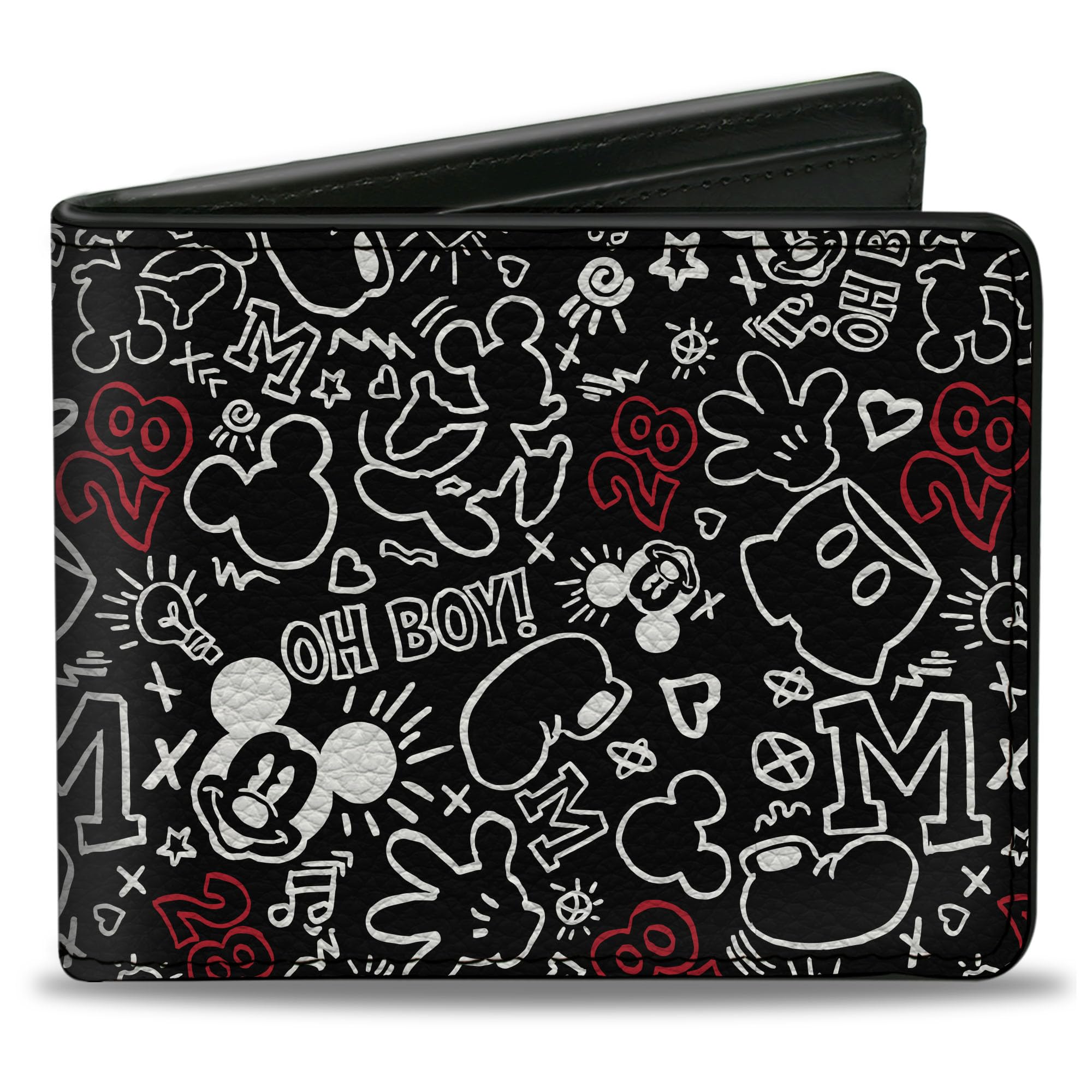 Buckle-Down Men's Disney Wallet, Bifold, Mickey Mouse Icon Doodles Collage Black White Red, Vegan Leather, 4.0