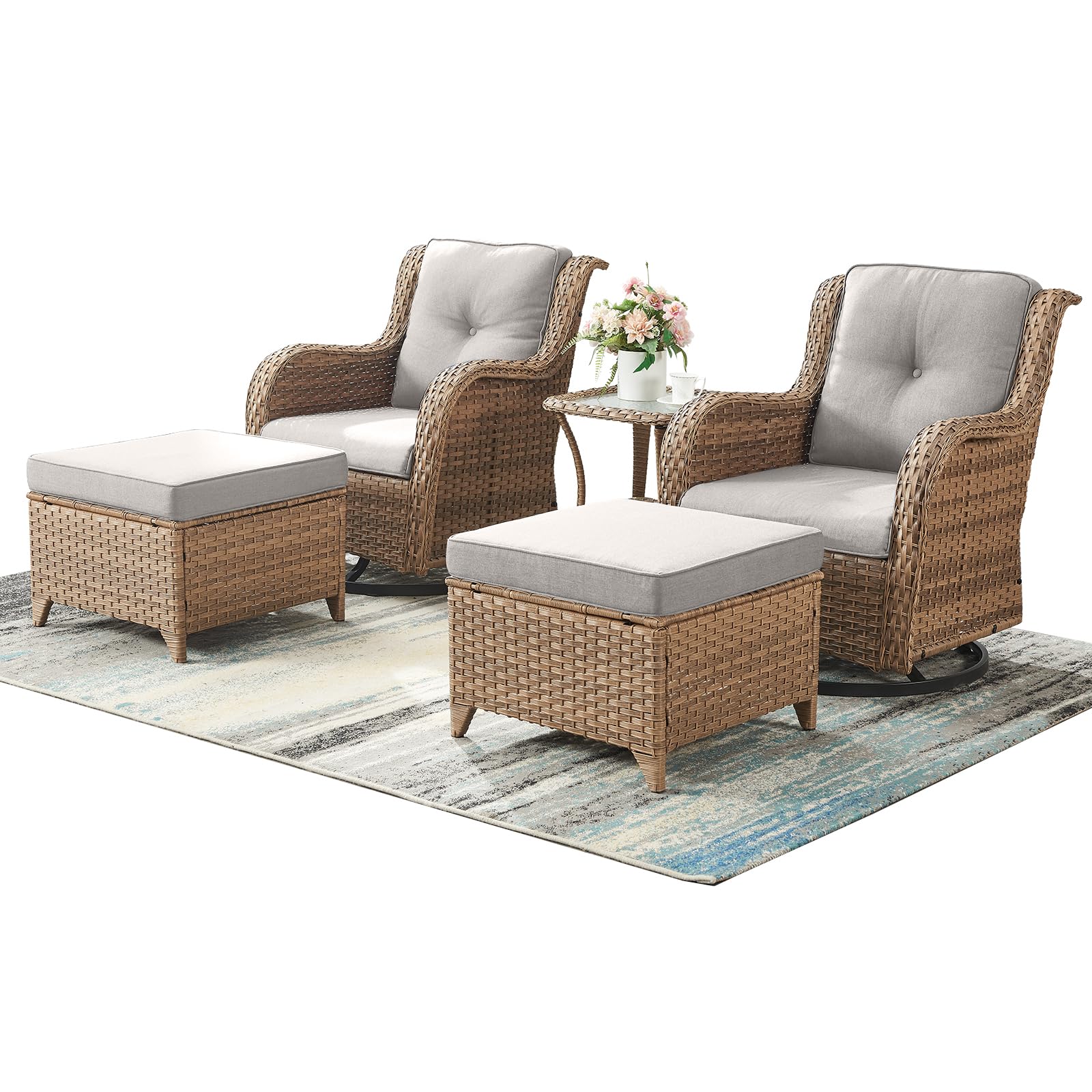 Rilyson Patio Furniture Swivel Chairs Set - 5 Piece Rattan Wicker Outdoor Sectional Conversation Sets with 2 Swivel Rocking Chairs,2 Ottomans and 1