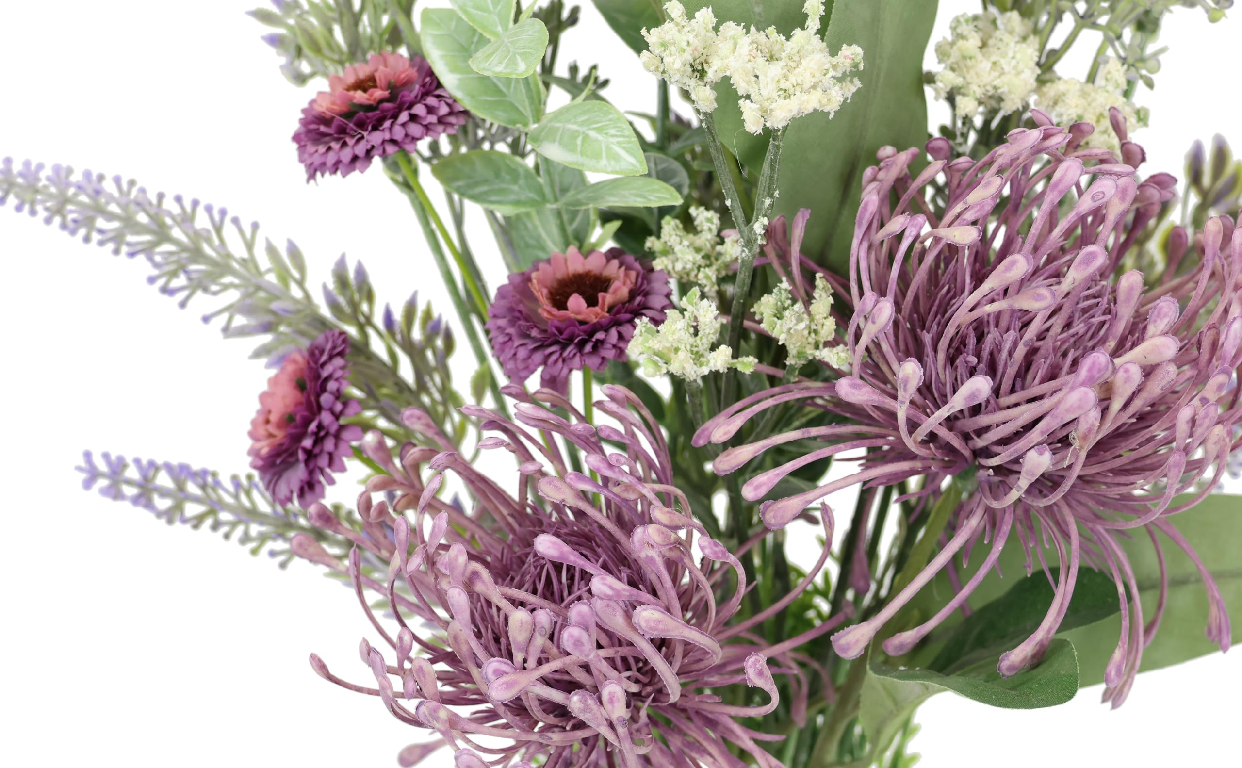 Flair Flower Bukiet sztucznych kwiatów Protea, cynie, lawenda, 50 cm, bukiet kwiatów, jedwabne kwiaty, dekoracja stołu, ozdoba na grób