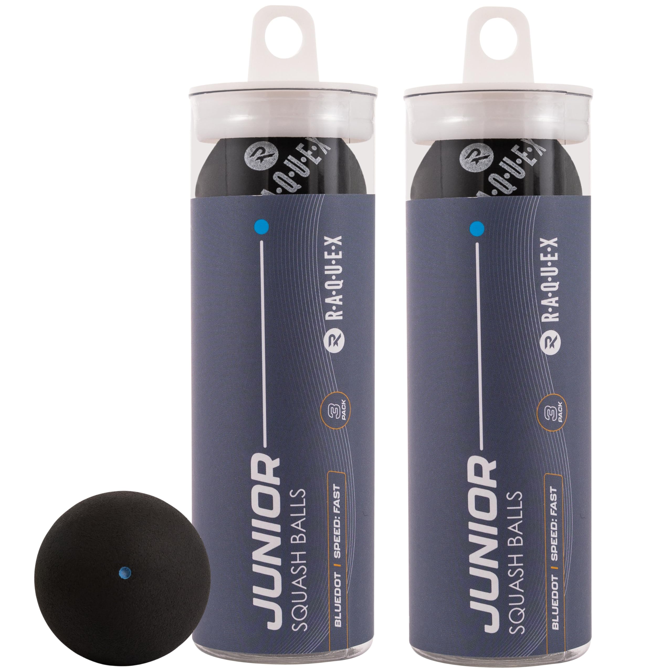 Raquex Squash Balls (3, 6 or 12 Balls) - 4x Speed Options: Elite Double Yellow Dot, Intermediate Yellow, Beginner Red, Junior Blue (Blue Dot, 6 Balls)