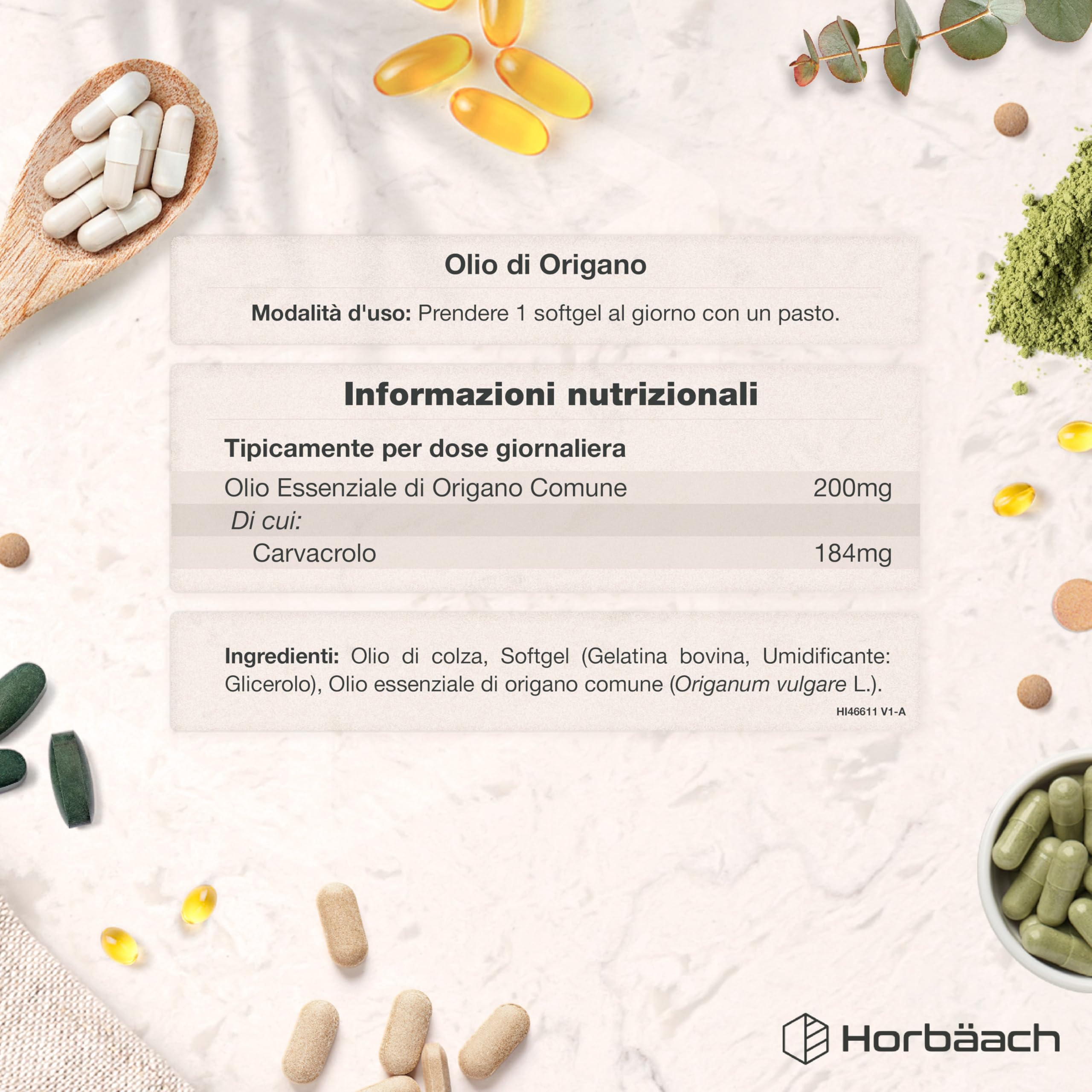 Olio di Origano Capsule 200mg | 90 Capsules | 184mg Carvacrolo | Alto Dosaggio | Integratore di olio di origano | Horbaach
