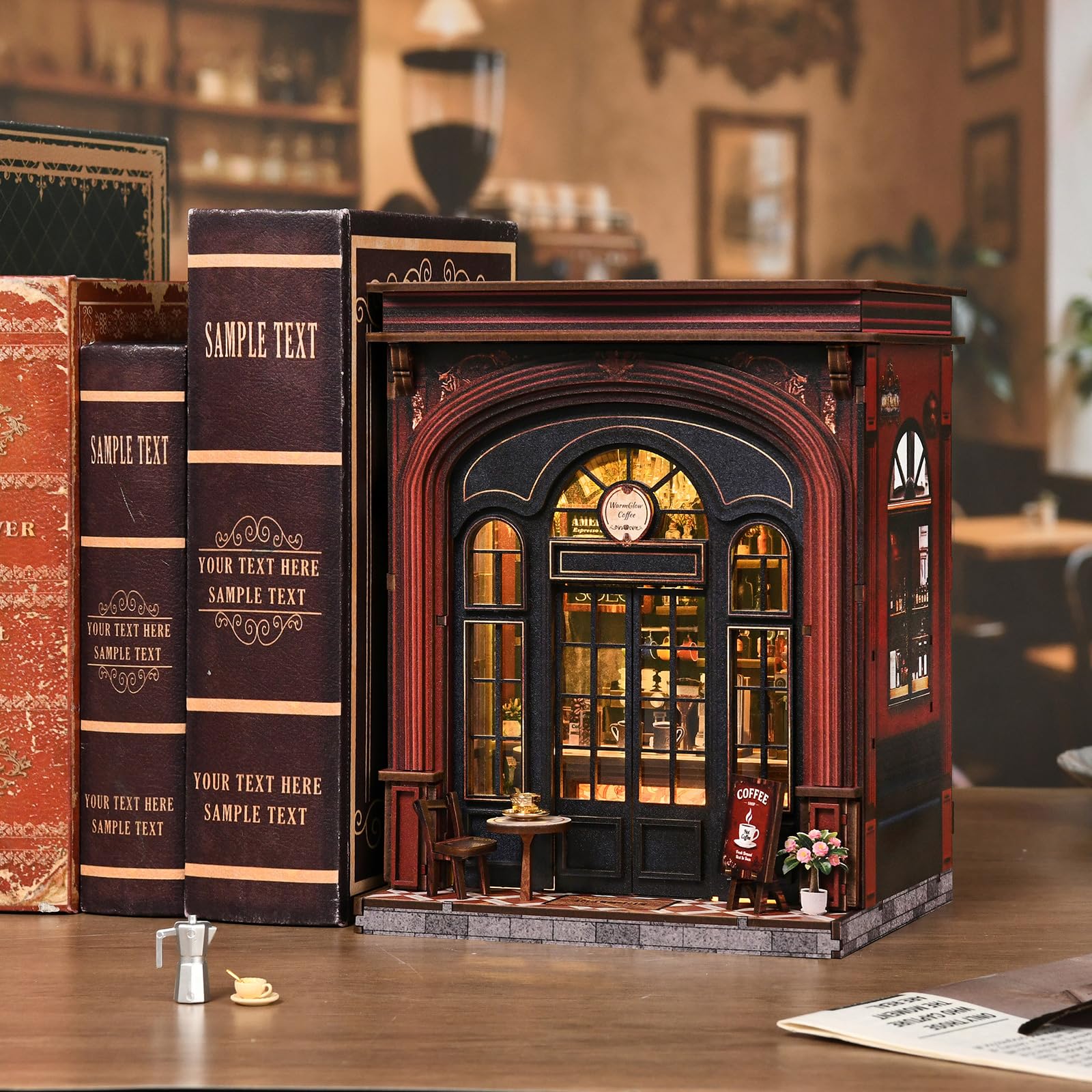 DIY Book Nook（Warmglow Coffee） DIY Set Erwachsene，Mit LED-Licht，Book Nook bausatz，Puppenhaus Holz Tiny House, Christmas, Birthday Presents