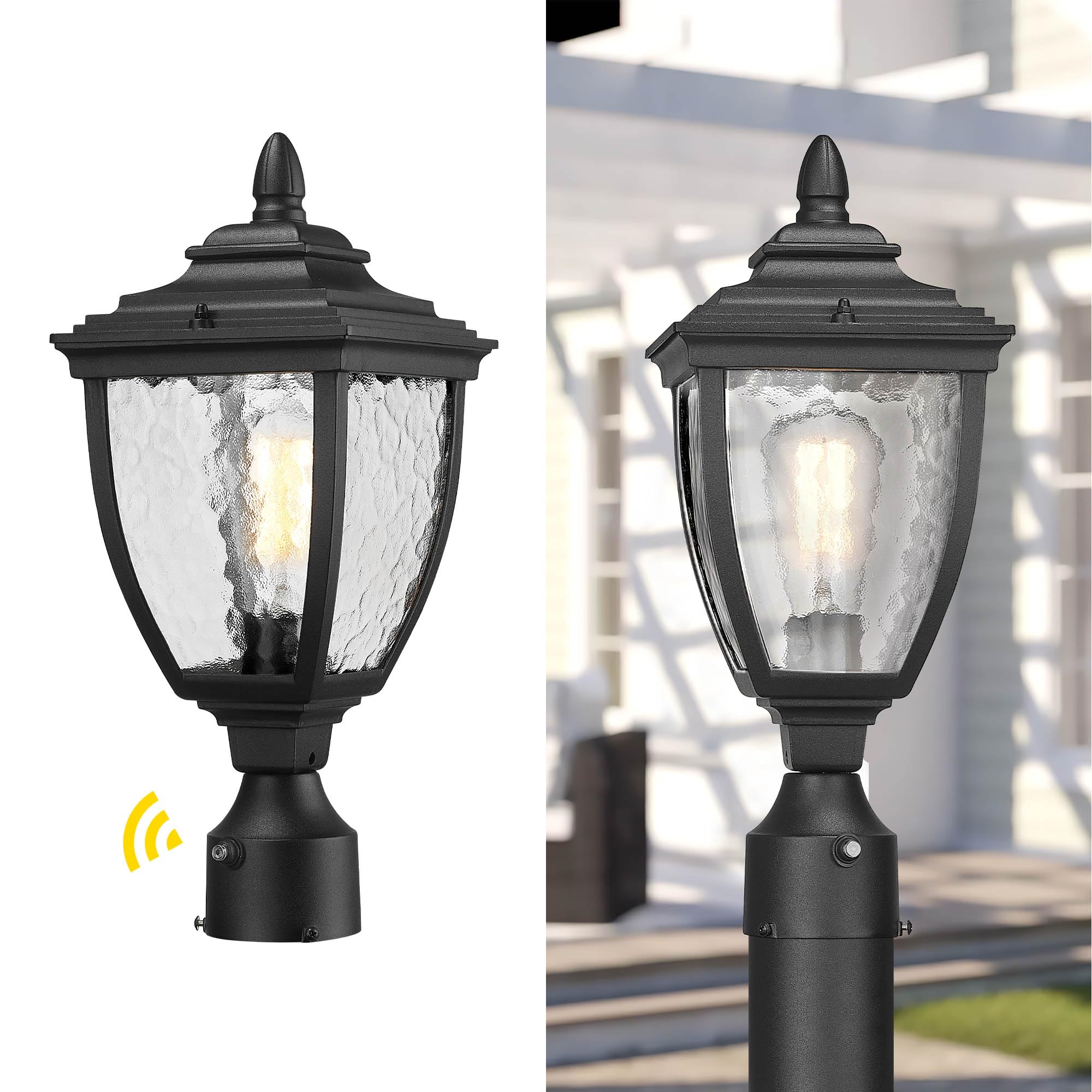 Beionxii Outdoor Post Lights, Dusk to Dawn Lamp Post Light Fixture, Black Cast Aluminum w/Water Glass(17" H x 7" W) - A162P-1PK/S