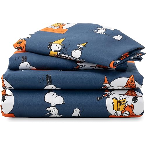 Berkshire Blanket Peanuts® Kids Sheet Set Queen Size - 4 Pieces,Cute Character Snoopy Printed Soft Microfiber Bed Sheets,Halloween Magic Potions Sheet Navy