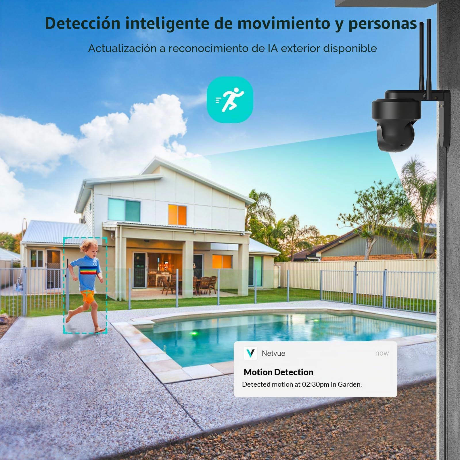 NETVUE Camara Vigilancia WiFi Exterior, Camaras Vigilancia Domicilio WiFi FHD Vista a 360° y Audio Bidireccional, Camara Vigilancia WiFi Interior y Detección de Movimiento