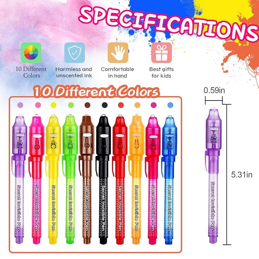 Invisible Ink Pens for Kids,10 Colour Casings Spy Pens with