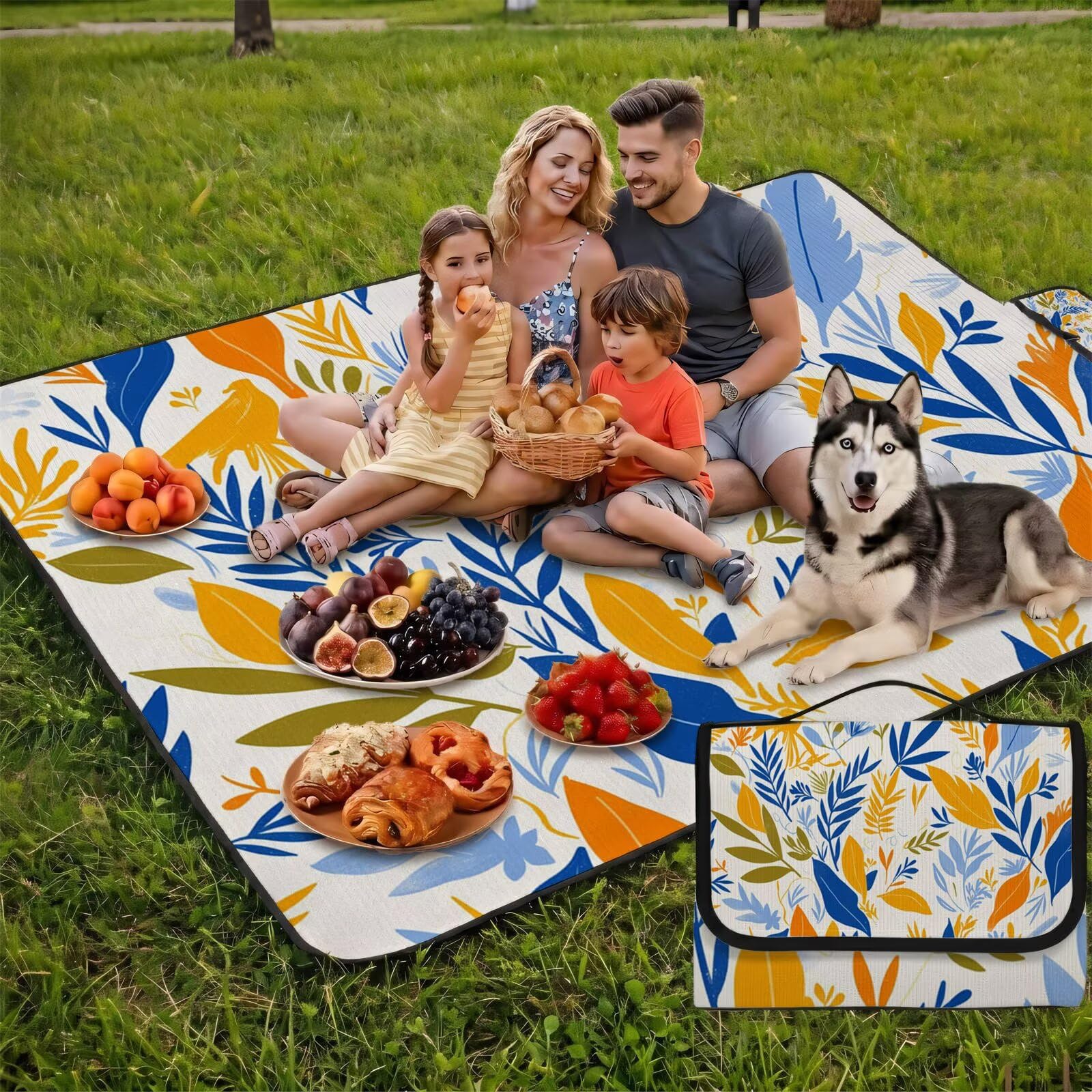 Couverture de Pique-Nique Grande 200x300cm,Outdoor Couverture Imperméable,Pliable Tapis de Plage Dos en PVC Anti-Sable,Picnic Blanket pour Camping Accessoires,Jardin,Parc,Famille - Blanc,orange UZ-184
