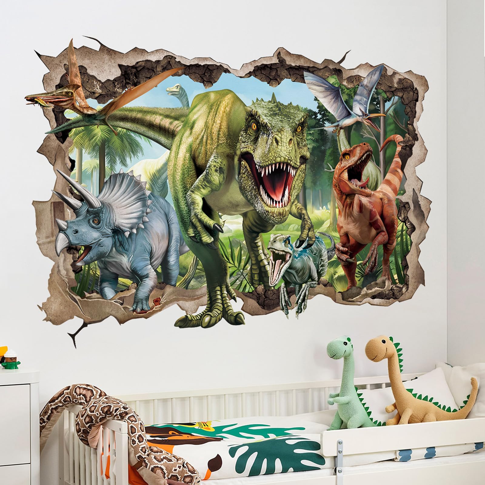 wondever 3D Large Dinosaur Wall Stickers Break Through Dino Jungle Dinosaur Peel and Stick Wall Art Decals for Boys Room Baby Nursery Kids Bedroom - Image 2