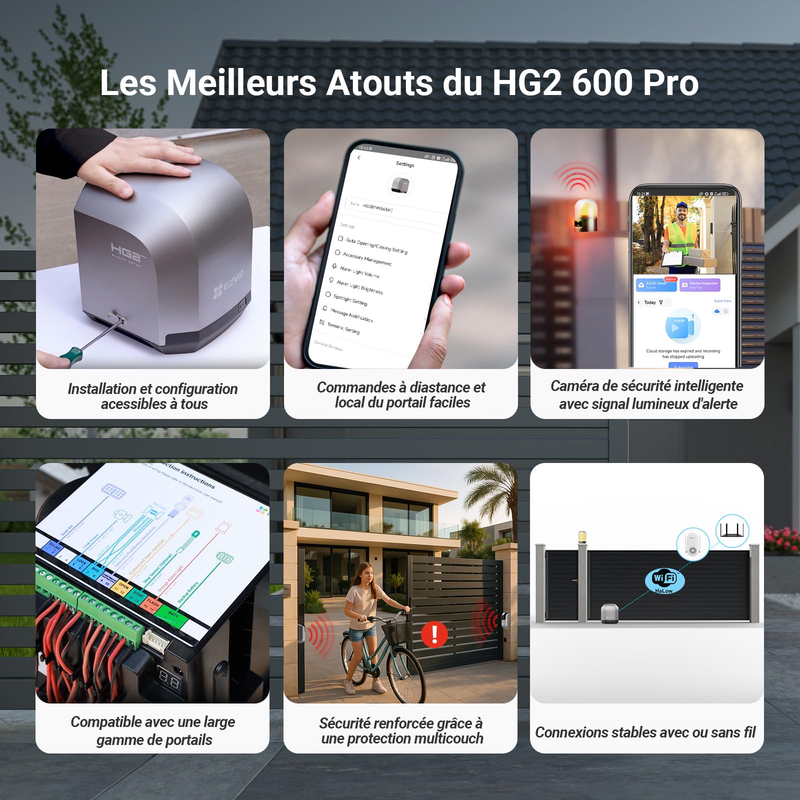 EZVIZ Moteur Portail Coulissant 600 kg,Ouvre Portail Auto HG2 600 Pro | Vantaux Max 8m, Caméra 2K d'Alarme,Détection d'Obstacles,Batterie de Secours,Télécommandes&Contrôle APP, Facile à Installer