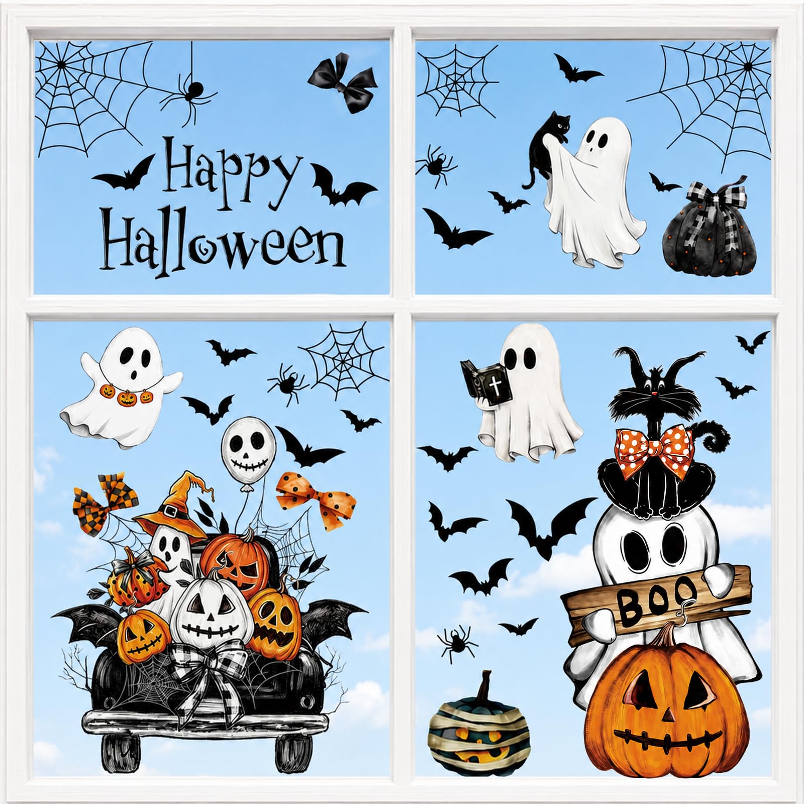 AhfuLife 71Pcs Halloween Window Stickers, 9 Sheets Reusable Halloween Window Clings Cute Stickers for Kids Home Window Indoor Party Decorations