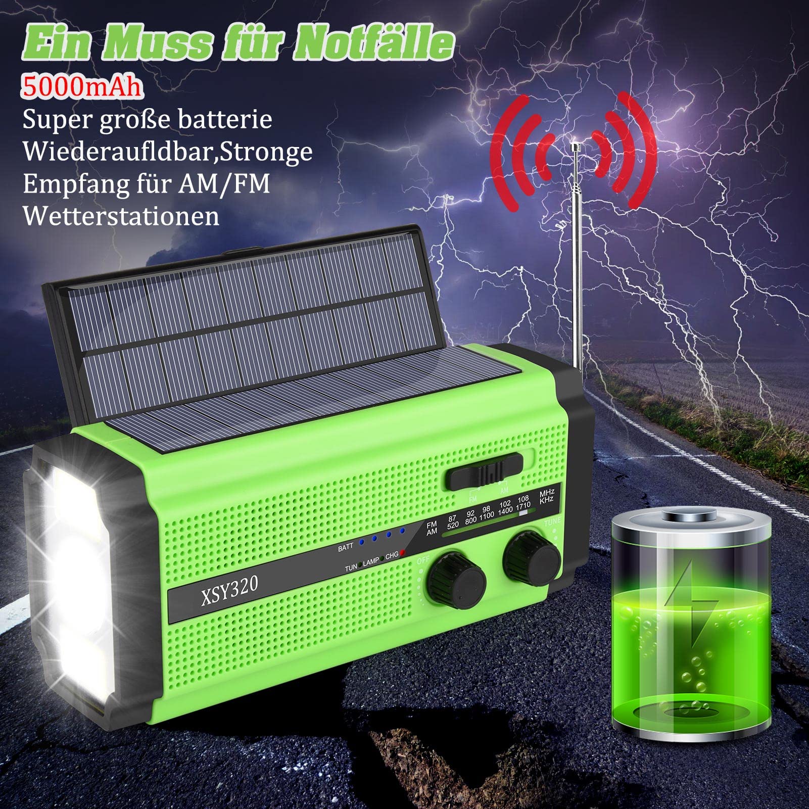 Gindoly Radio słoneczne AM/FM, przenośne radio awaryjne, 5000 mAh, ładowalne radio dynamo, z latarką LED i lampką do czytania, alarm SOS do wędrówek, biwakowania, aktywności na świeżym powietrzu, w