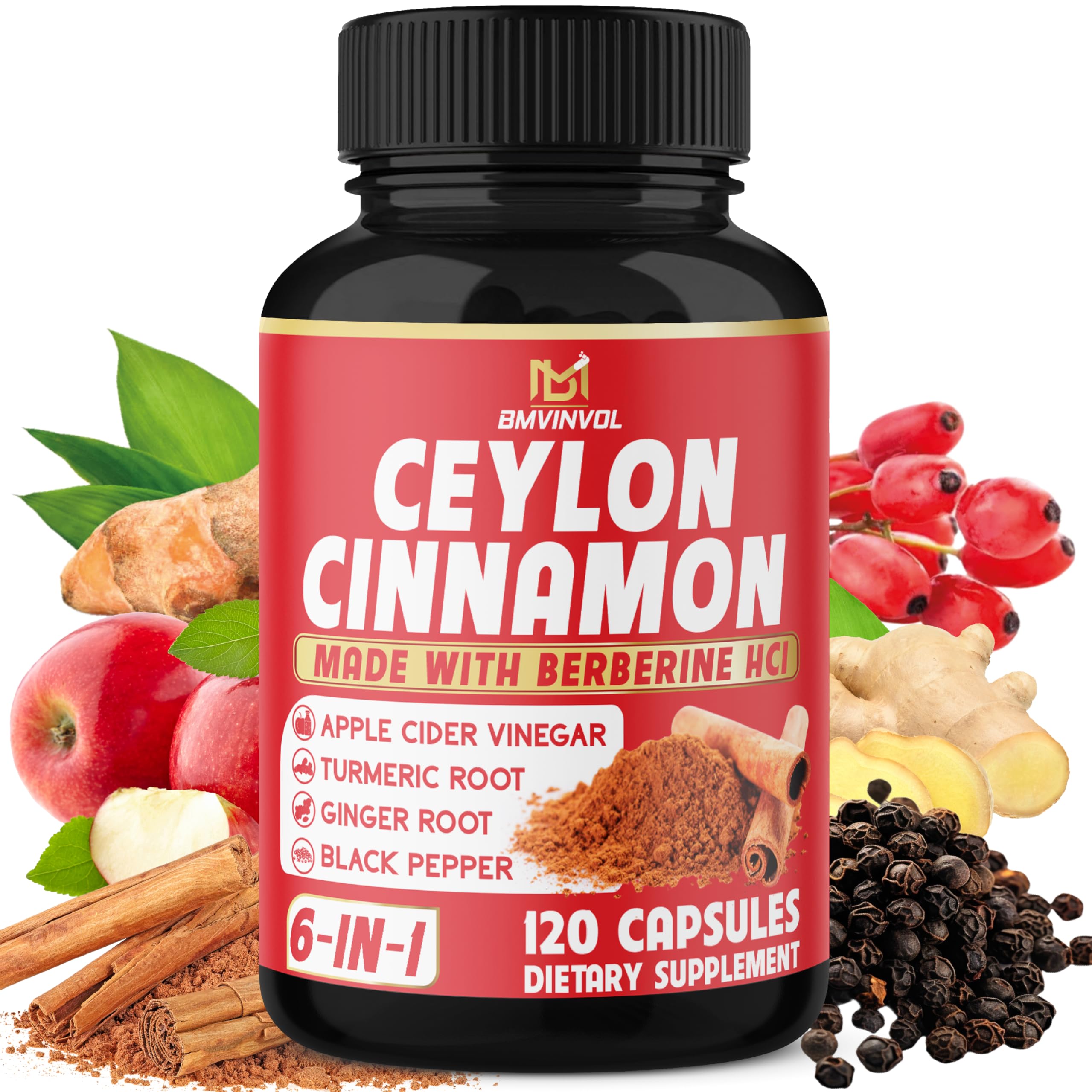 Ceylon Cinnamon Capsules - 120 Capsules - High Potency with Apple Cider Vinegar, Turmeric, Ginseng, Berberine - 2 Month Supply 120 Count (Pack of 1)