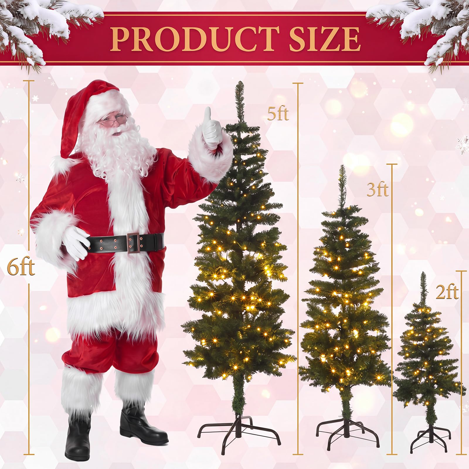 Cinnvoice Lot de 3 sapins de Noël artificiels fins en cèdre floqué pré-éclairé avec lumières LED pour intérieur et extérieur, cheminée, porche, décoration de vacances