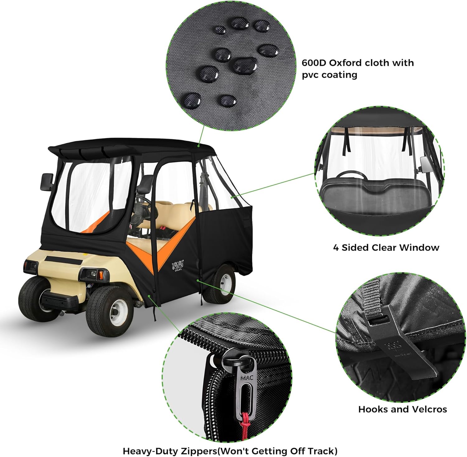 10L0L Golf Cart Enclosure for Club Car DS 4 Passenger (Short Roof 56"), Waterproof & Windproof Rain Cover with Clear Windows & Roll-Up Doors, Heavy Duty All-Weather Golf Cart Storage Cover