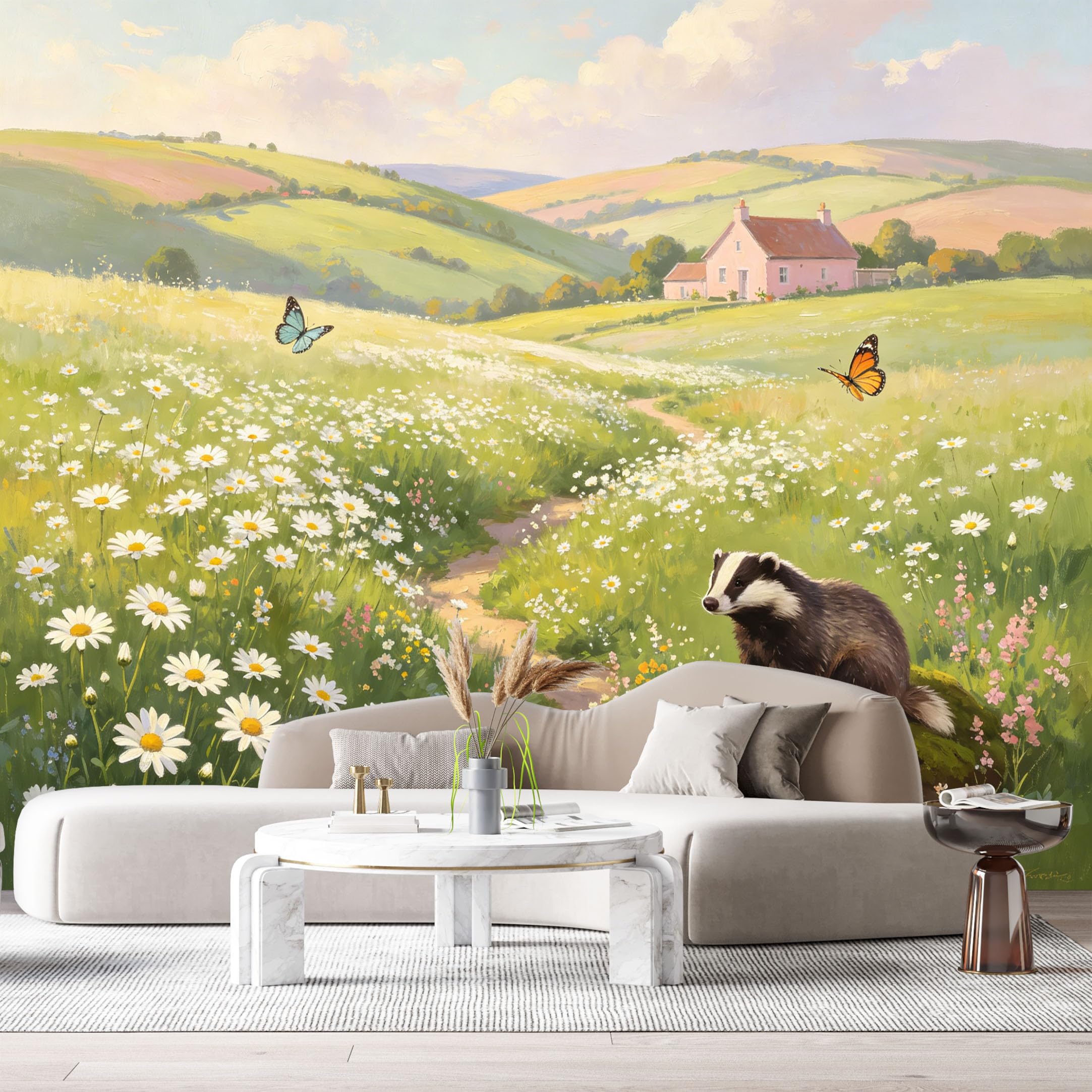 Custom Size Wall Murals Badger Field Flowers Farmhouse Oil Painting Daisy Meadow Butterfly Landscape SelfAdhesive Wall Fabric Removable Large Wallpaper for Photo Living Room