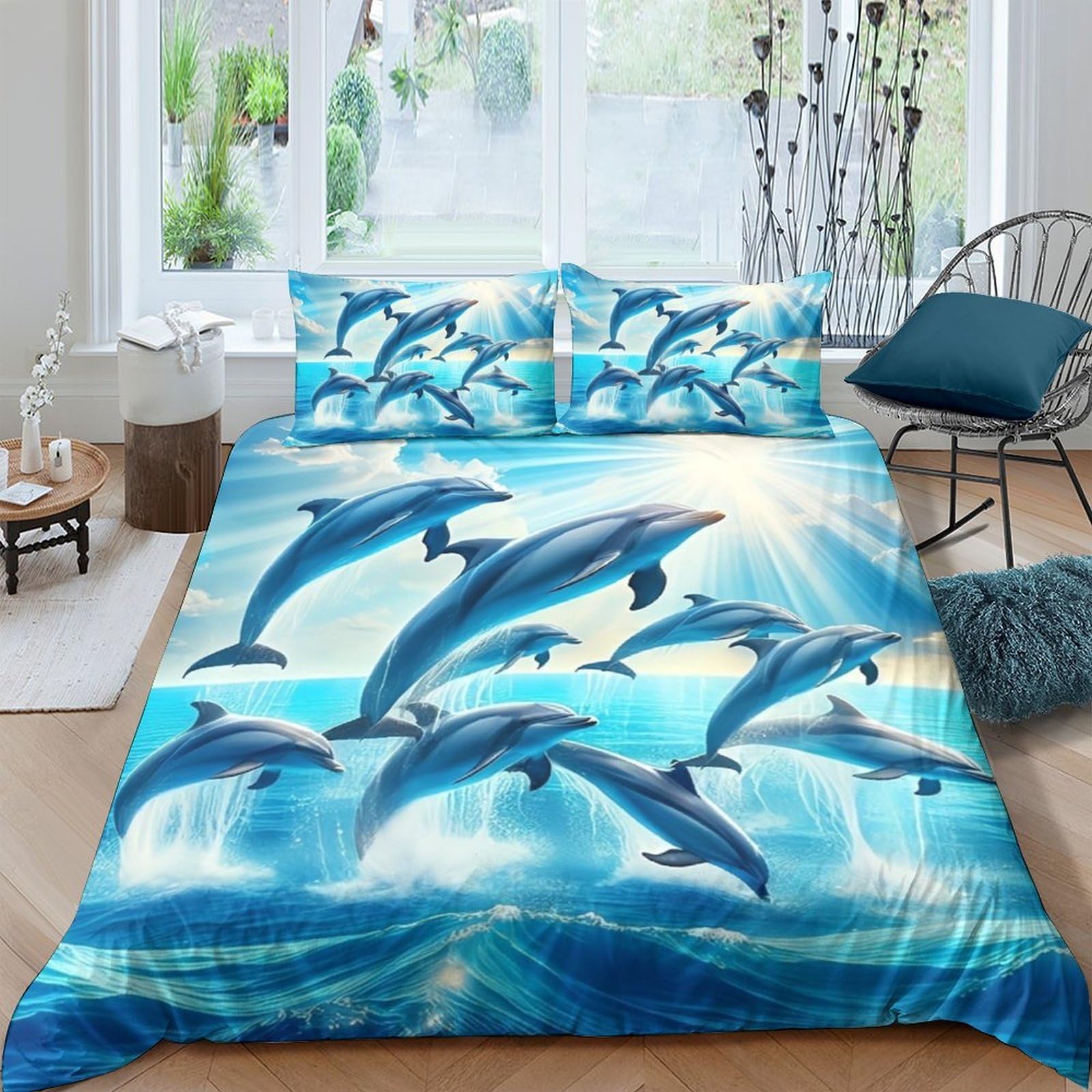 Tyuiopasdfg Colorful-9 Dolphin Lover Jumping Dolphin Duvet Cover Set Microfiber 3 Piece Bedding Set Ocean Pattern Easy Care Single（135X200cm）