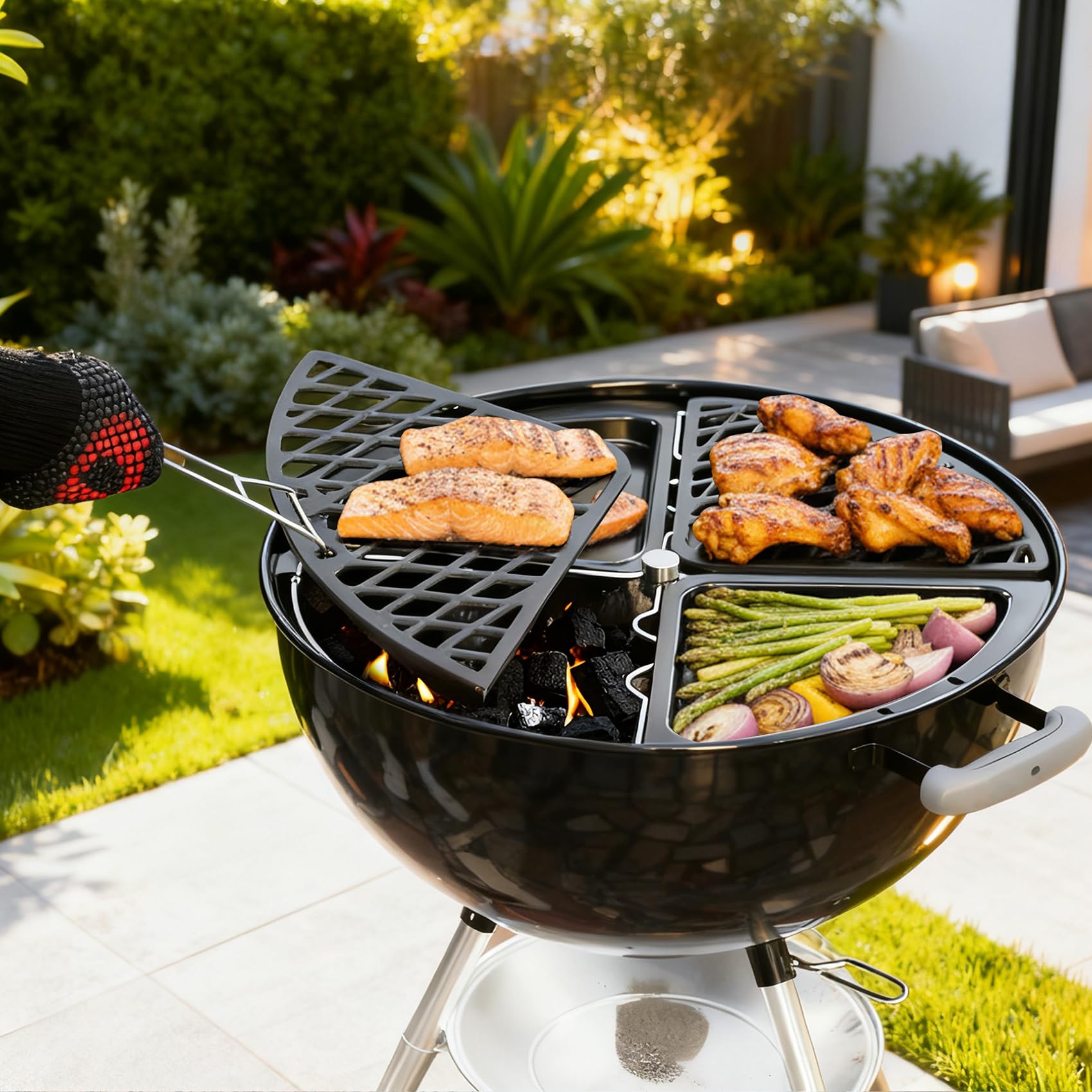 Onlyfire Płyta do grillowania (Plancha) i żeliwny ruszt Zestaw do grilla węglowego Weber 57 cm, Ø 54,7 cm, ruszt kuchenny z podnośnikami rusztu, 4 strefy, akcesoria kempingowe