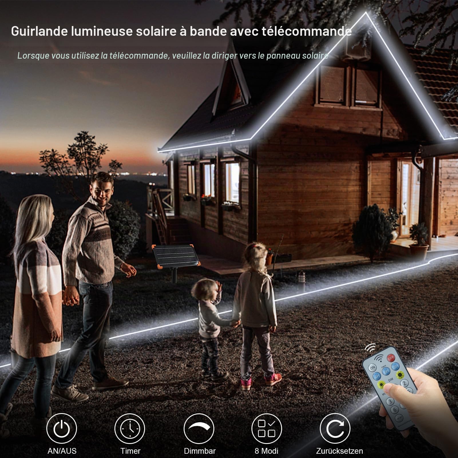 DBFAIRY 15M Ruban LED Solaire Extérieur, 540 LEDs Bande LED IP68 Étanche, Bande LED solaire avec Télécommande, Minuterie, pour Jardin, Terrasse, Balcon (Blanc)
