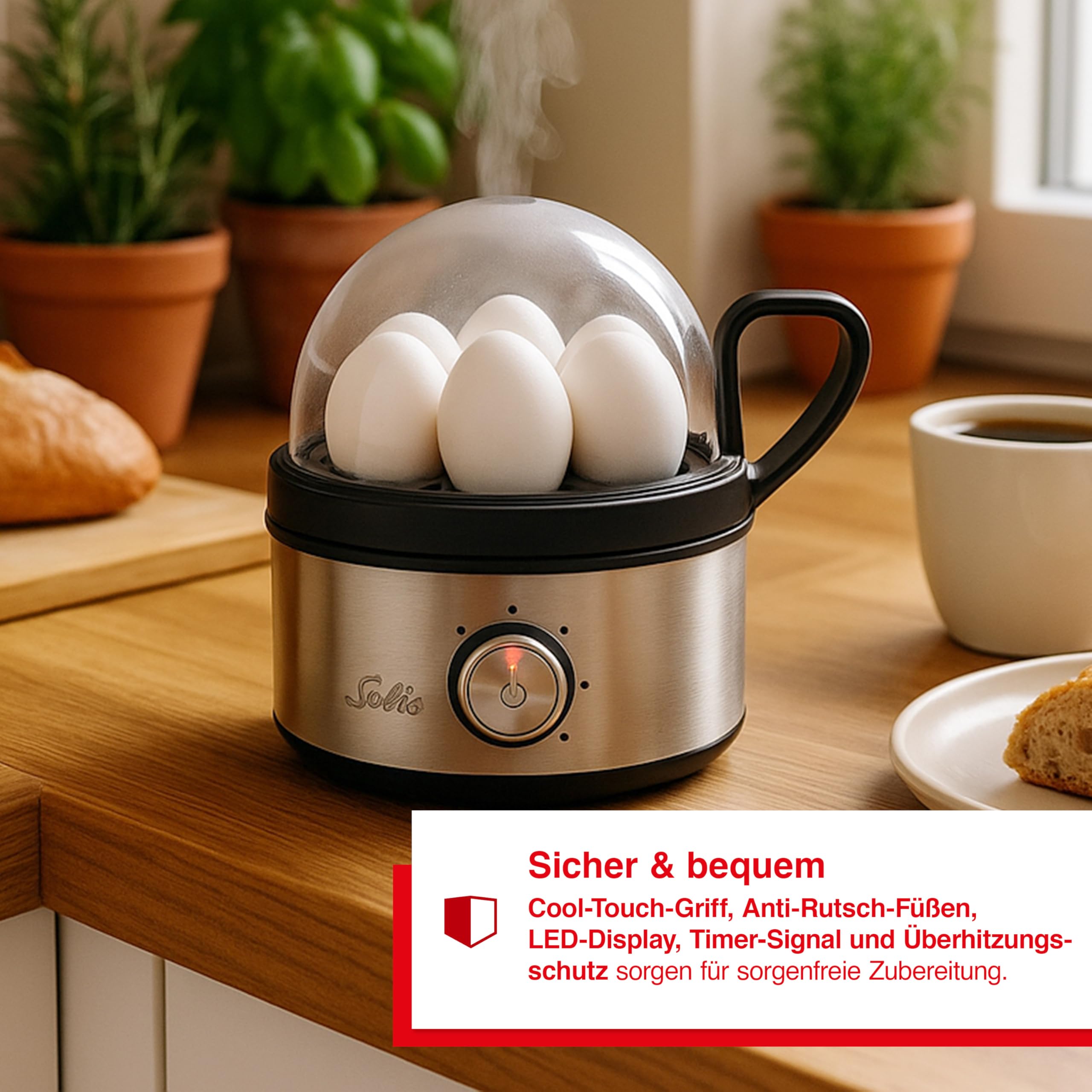 Solis Egg Boiler & More 8272 – Multifunktionaler Eierkocher & Dampfgarer aus Edelstahl, für bis zu 7 Eier, Härtegradeinstellung, LED-Kontrolle, akustisches Signal, sicher & leicht zu reinigen