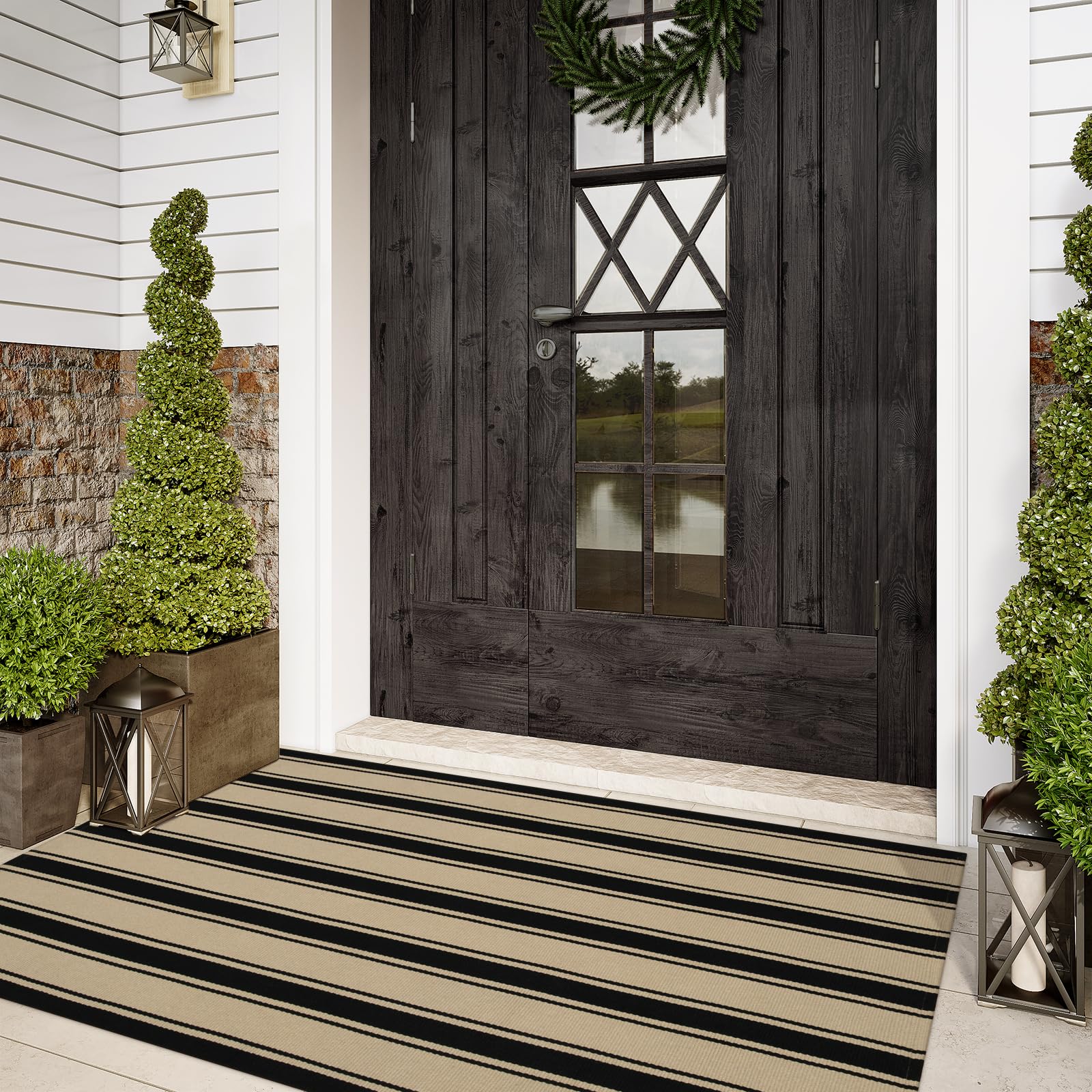 Sungea Striped Outdoor Rug 3'x5', Cotton Hand Woven Rug Front Door Mat,Washable Reversible Layered Door Mats, Foldable Front Porch Rug for Entryway/