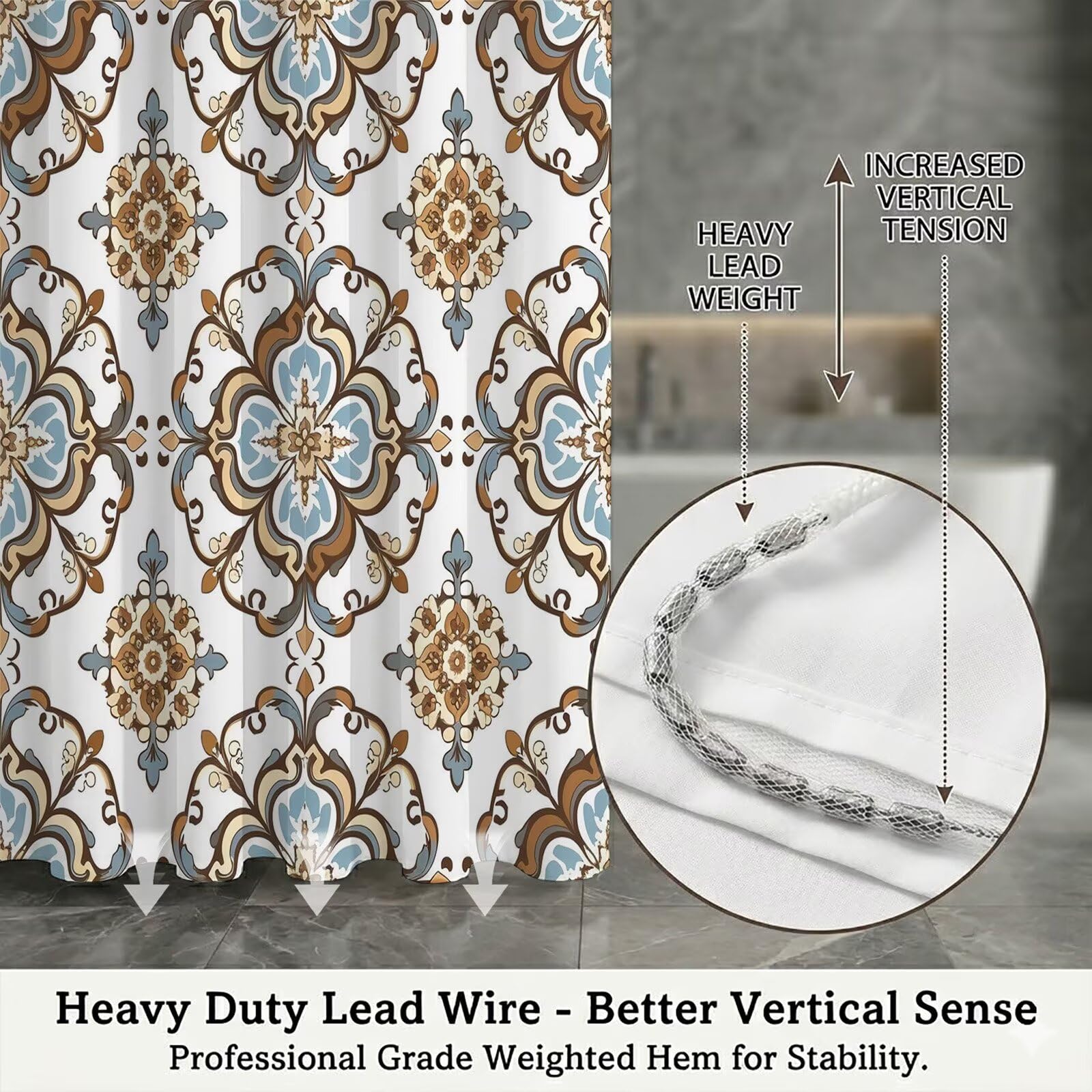 Duschvorhang 300 x 200 cm Braun Böhmen Badevorhang Wasserdicht Schnelltrocknend Stoff Textil mit Beschwerter Saum & Bleiband, Polyester Badewannenvorhang für Dusche & Wanne, inkl Ringe, Q-o190