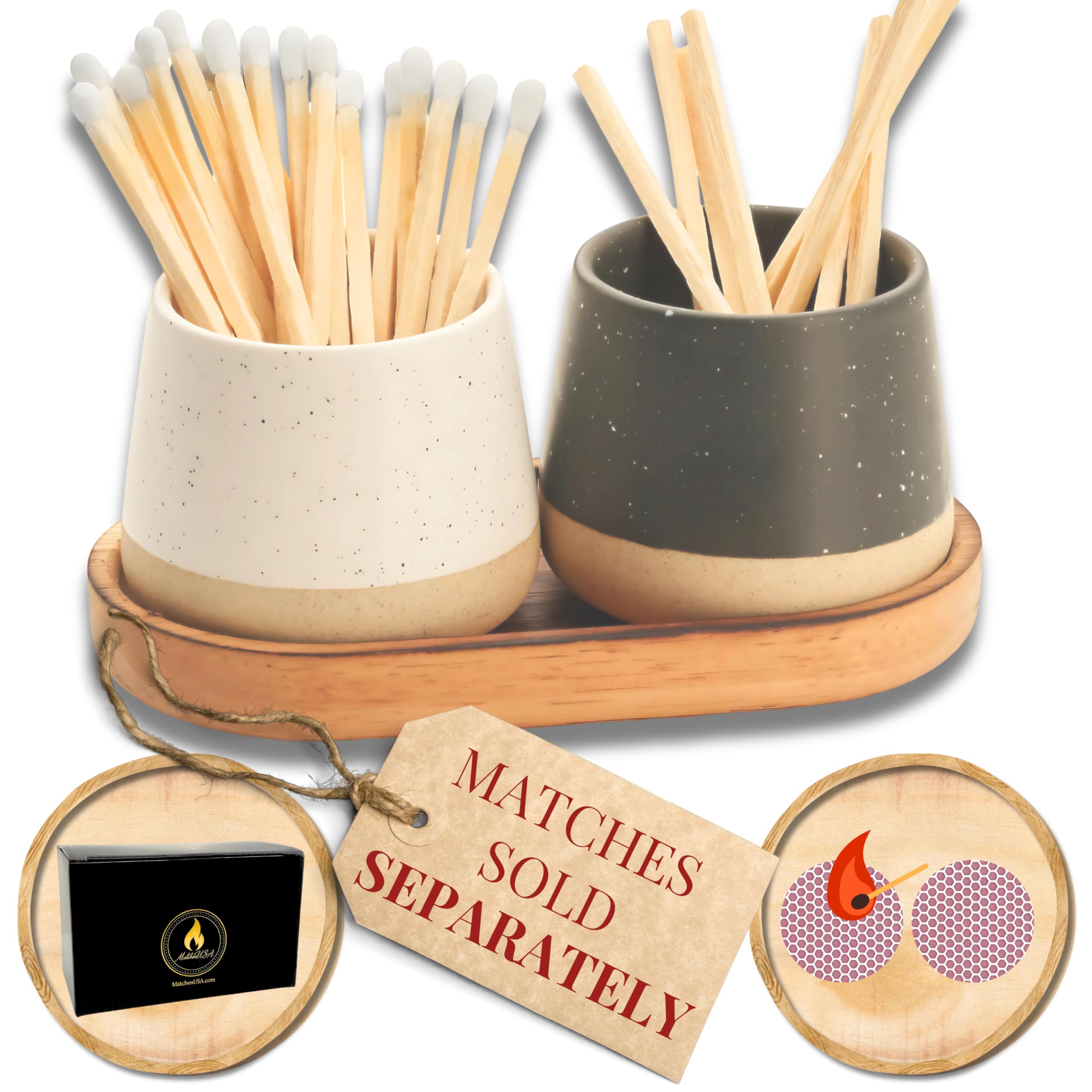 Ceramic Match Holders with Tray | 2 Piece Gift Set w Decorative Box | Cute Candle or Kitchen Wooden Matchstick Display w Striker | * MATCHES SOLD SEPARATELY * (Espresso & White)