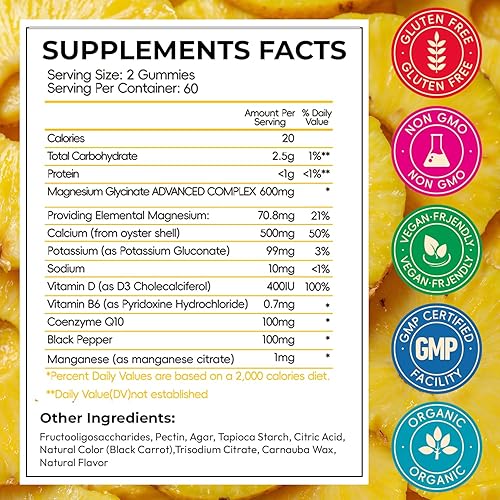 Miniatura 2 de Gomitas de glicinato de magnesio de 600 mg, gomitas de magnesio masticables sin azúcar para hombres y mujeres, apoya la rutina nocturna y el