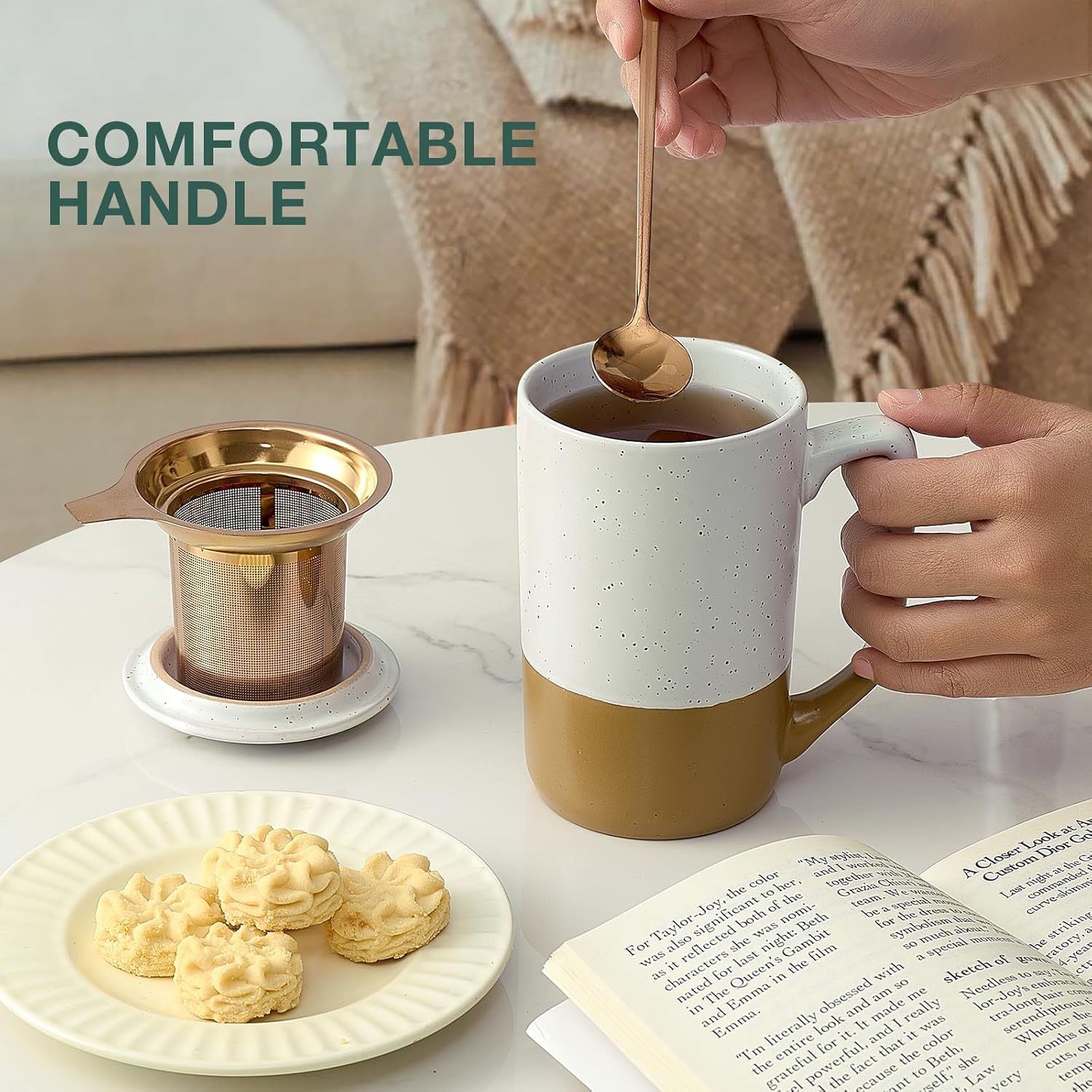 Ceramics Large Tea Cup with Loose Leaf Infuser, Spoon and Lid, 16 oz Tall Coffee Mug, Microwave and Dishwasher Safe, Rustic Matte Ceramic Glaze, Tea Strainer, Amber - Image 2
