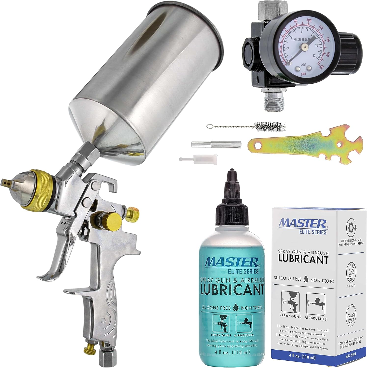 TCP Global 1.3mm HVLP Spray Gun-Gravity Feed-auto Paint Basecoat Clearcoat with Air Regulator & Spray Gun and Airbrush Lubricant, 4 Ounce