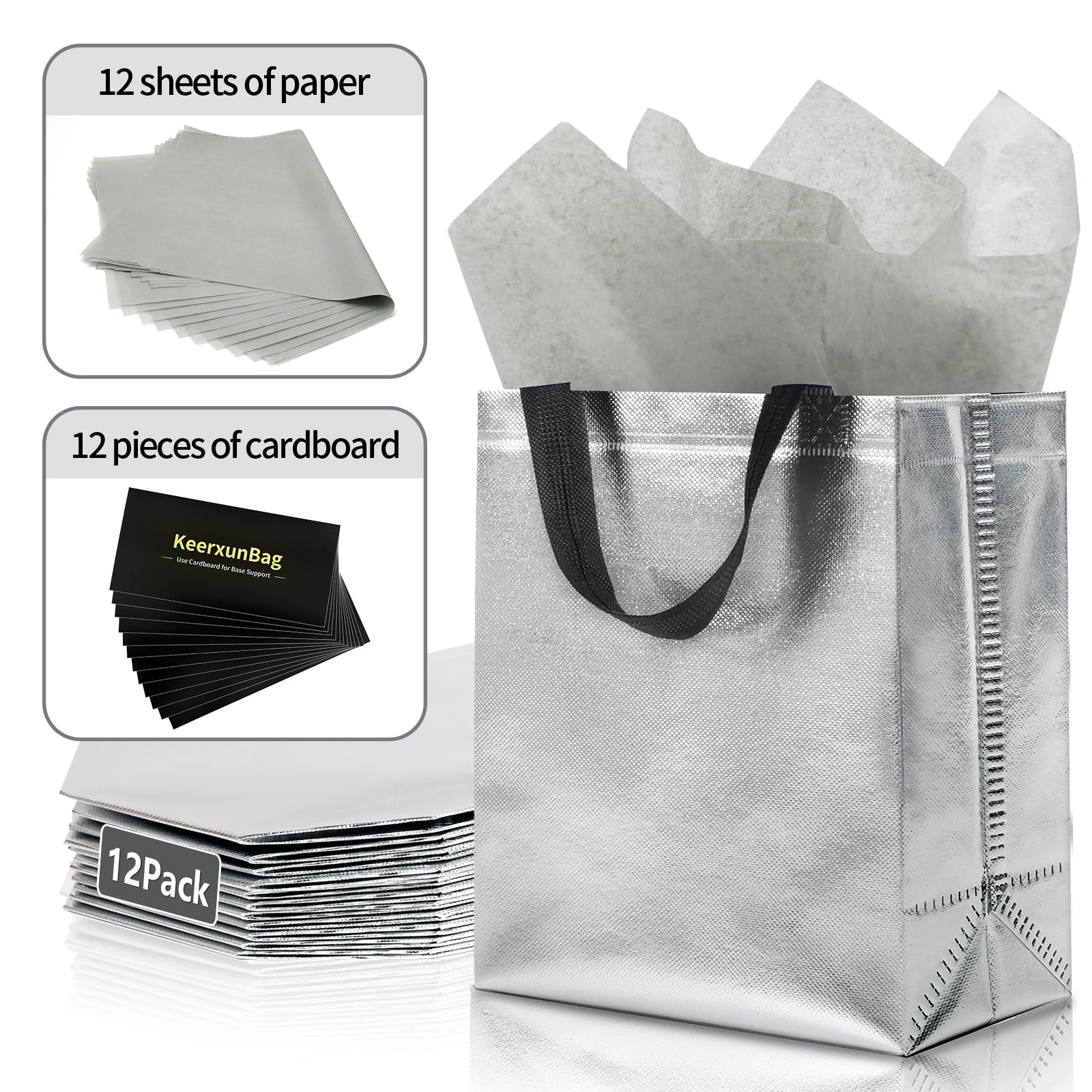 KeerxunBag 12pcs Reusable Gift Bags（Includes Tissue Paper） Gift bag with handle Birthdays Parties Holidays Weddings Medium 10x4x8in silver Gift Bags