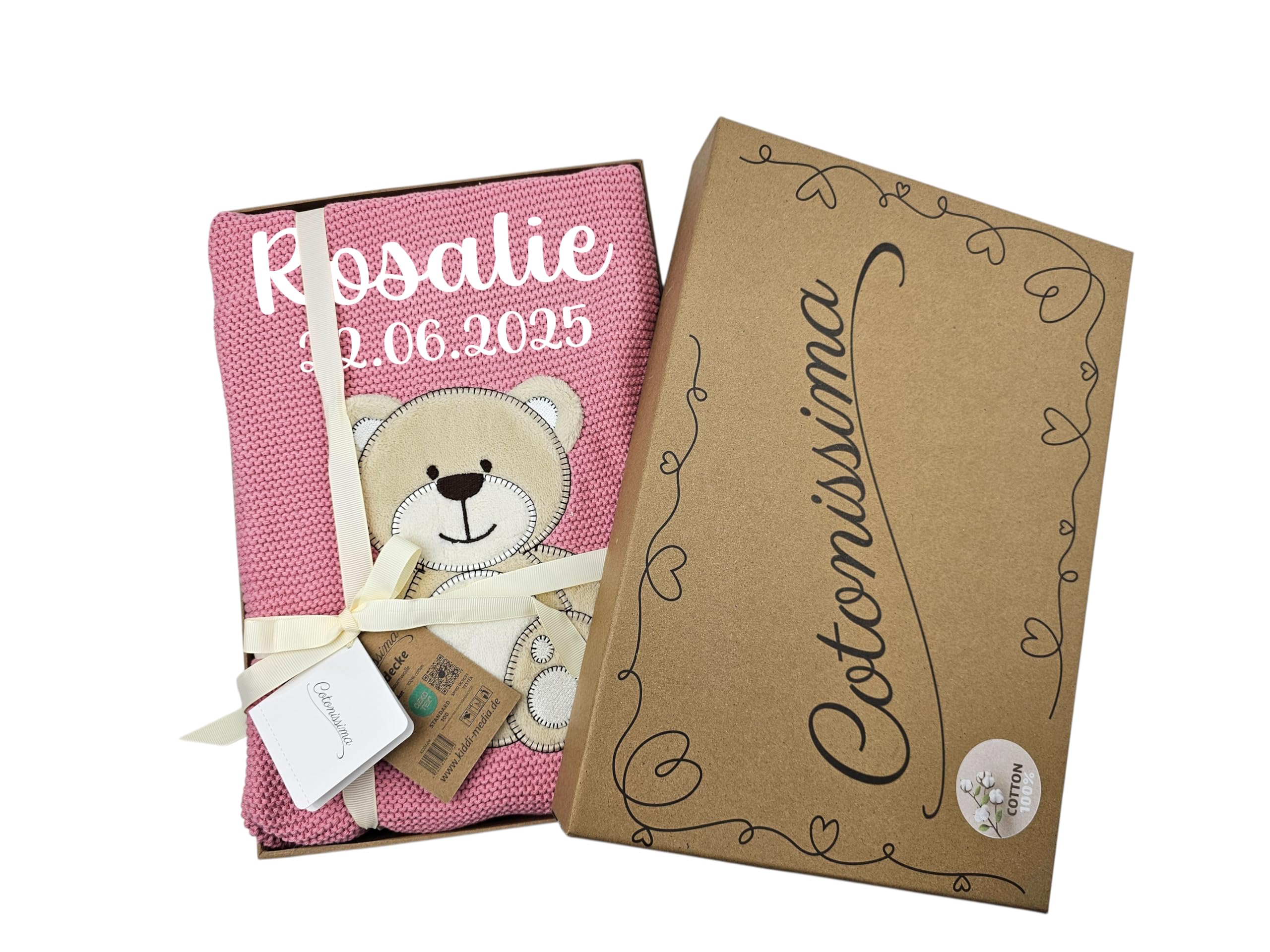 KIDDI-MEDIA Coperta per neonati di alta qualità con nome e data di nascita ricamati al 100% in cotone/in una scatola regalo rappresentativa/per battesimo, nascita, baby shower, anche come copriletto