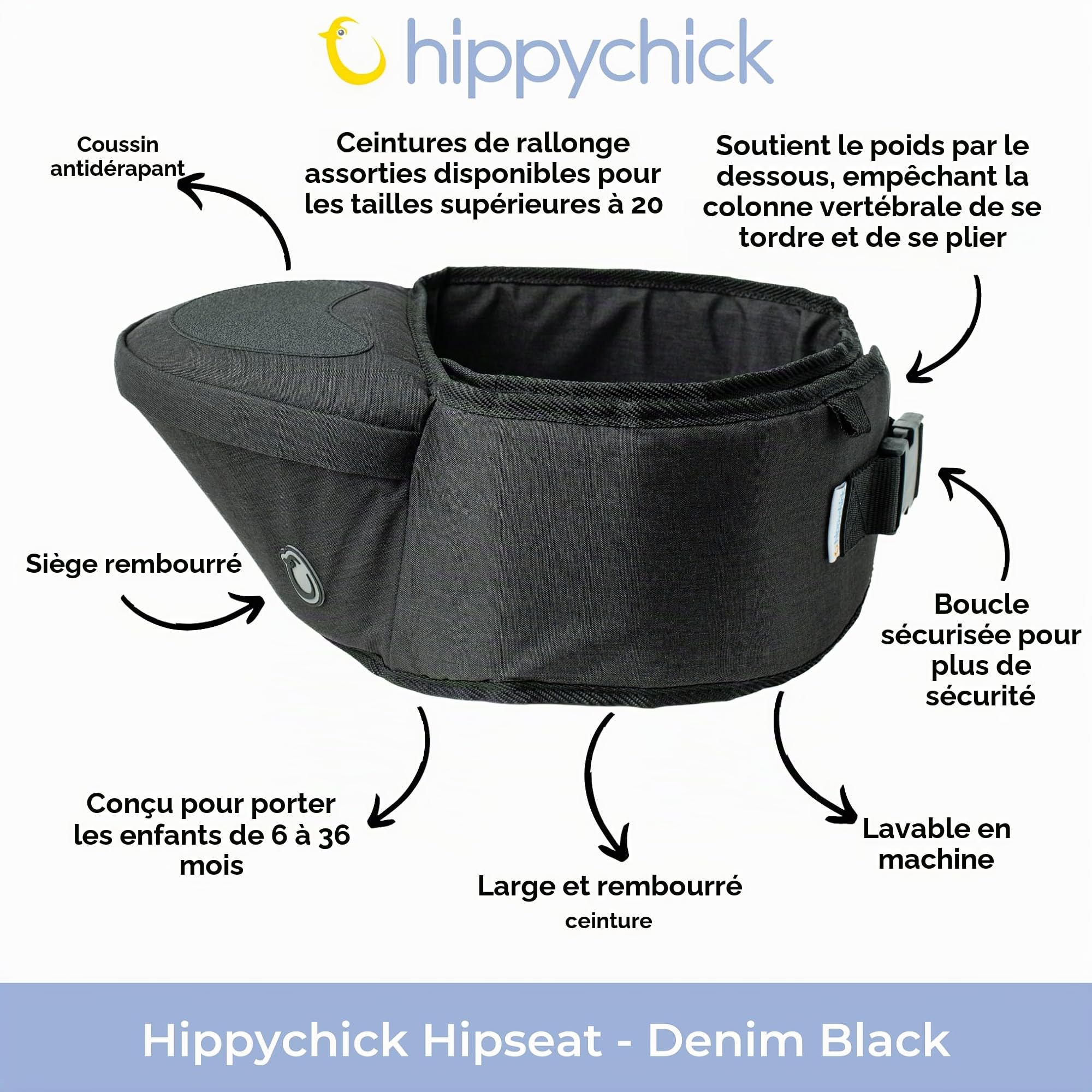 Hippychick Hipseat Porte-bébé, léger et peu encombrant pour la taille, sangle réglable, peut transporter un enfant de 6 à 36 mois, noir denim