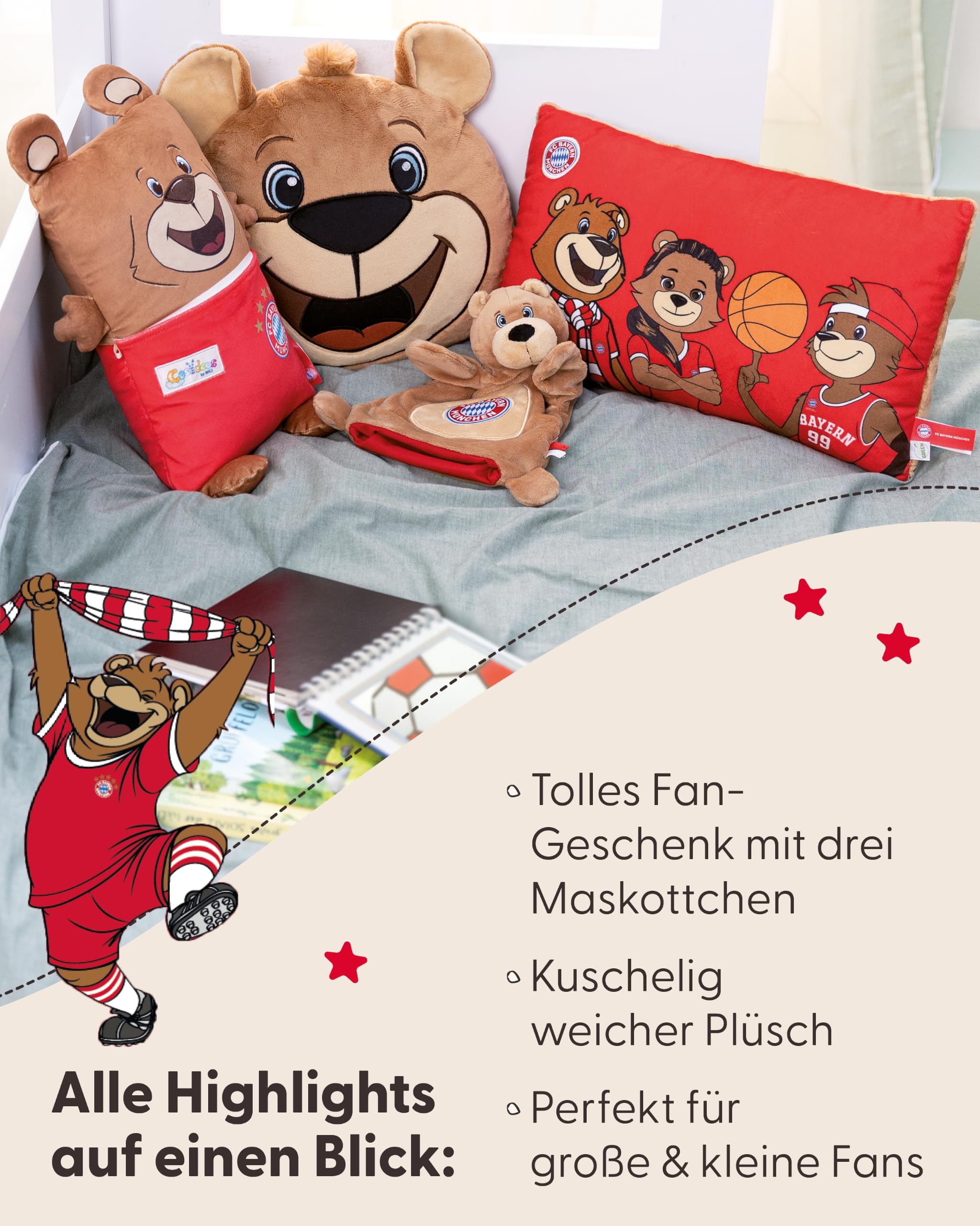 NICI Kissen FC Bayern MÜNCHEN Berni, Mia & Ben 43x25cm - rot - Flauschiges Kuscheltierkissen für Kinder und Erwachsene, Plüschkissen ideal für Zuhause, Kindergarten oder unterwegs - 61618