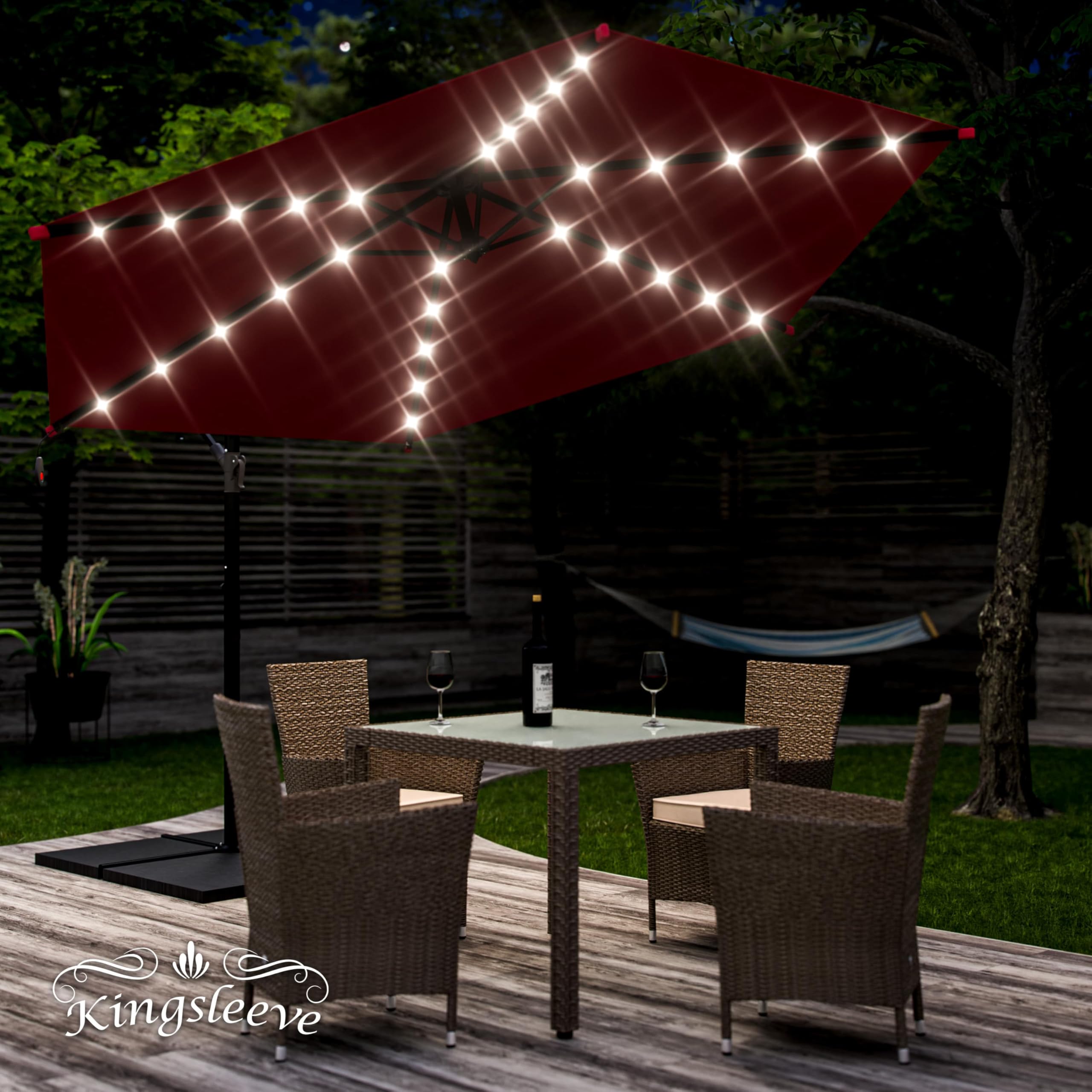 Kingsleeve® Ampelschirm LED Beleuchtung UV Schutz 80+ Solar Ständer Schutzhülle Windsicherung 300cm Groß Kurbel Balkon Terrasse Garten Sonnenschirm Rot