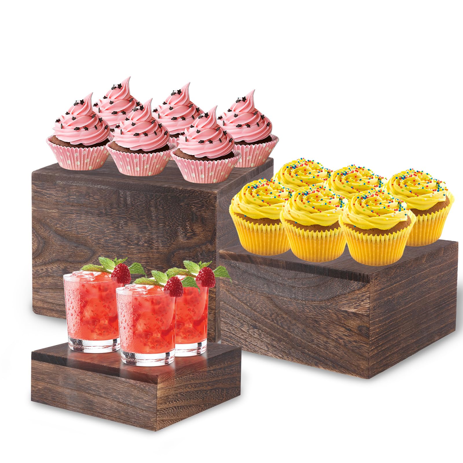 BOBASH 3 Pcs Vintage Wooden Display Riser, Stackable Square Wooden Cupcake Stand Set, Tiered Rustic Food Buffet Risers For Party Desserts Cake Bakery Home Celebration