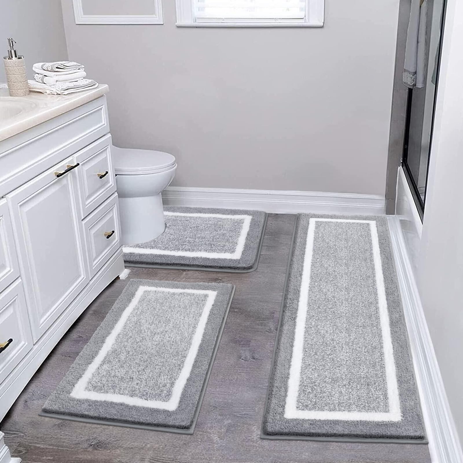 Pauwer Tappeto Bagno 3 pezzi, Morbido Tappeto Doccia Super Assorbente, Tappetino Bagno Antiscivolo, Lavabile in Lavatrice, Peloso Tappetino Doccia in Microfibra, a Forma di U, Tappetini Bagno per Wc